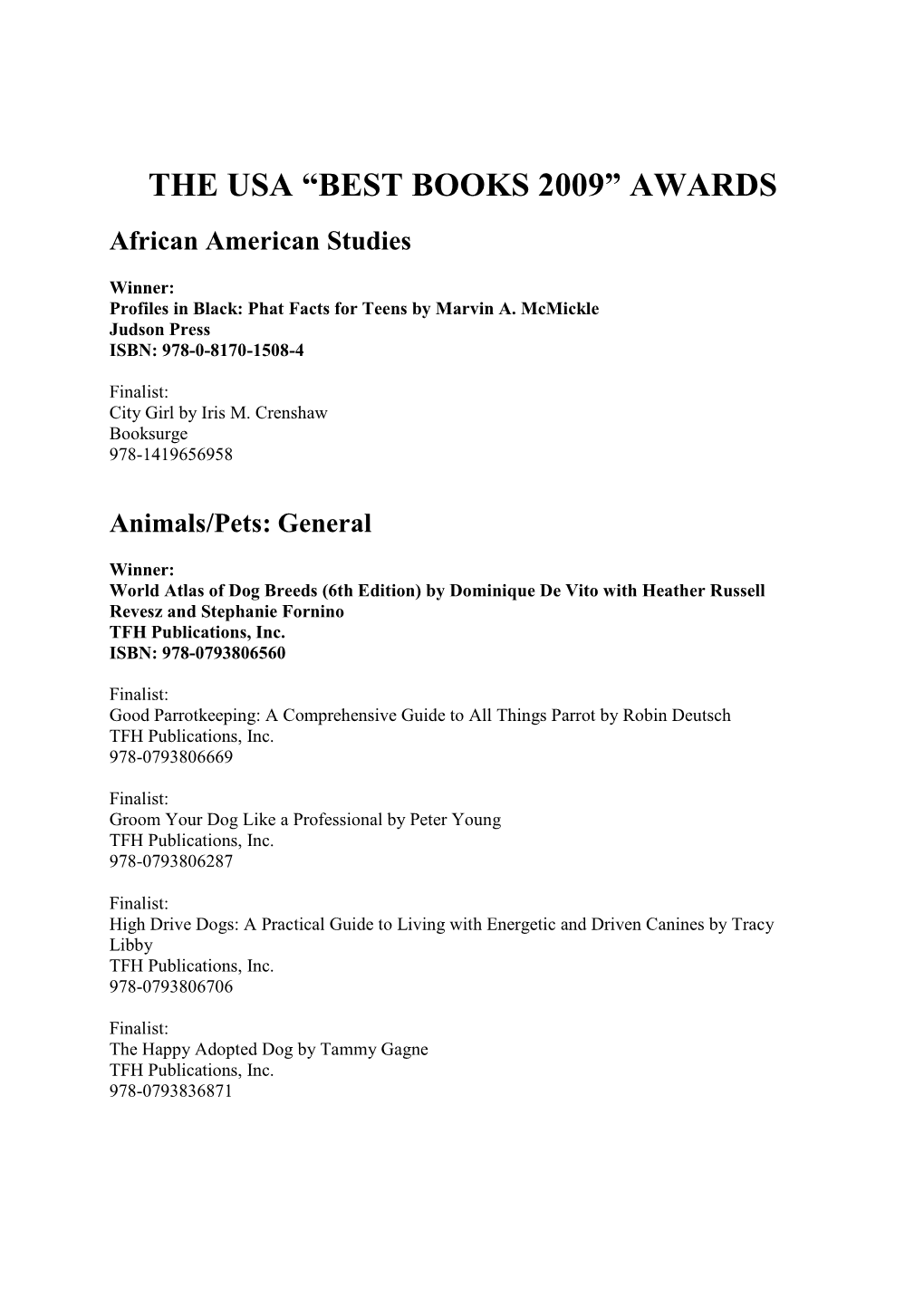 “BEST BOOKS 2009” AWARDS African American Studies