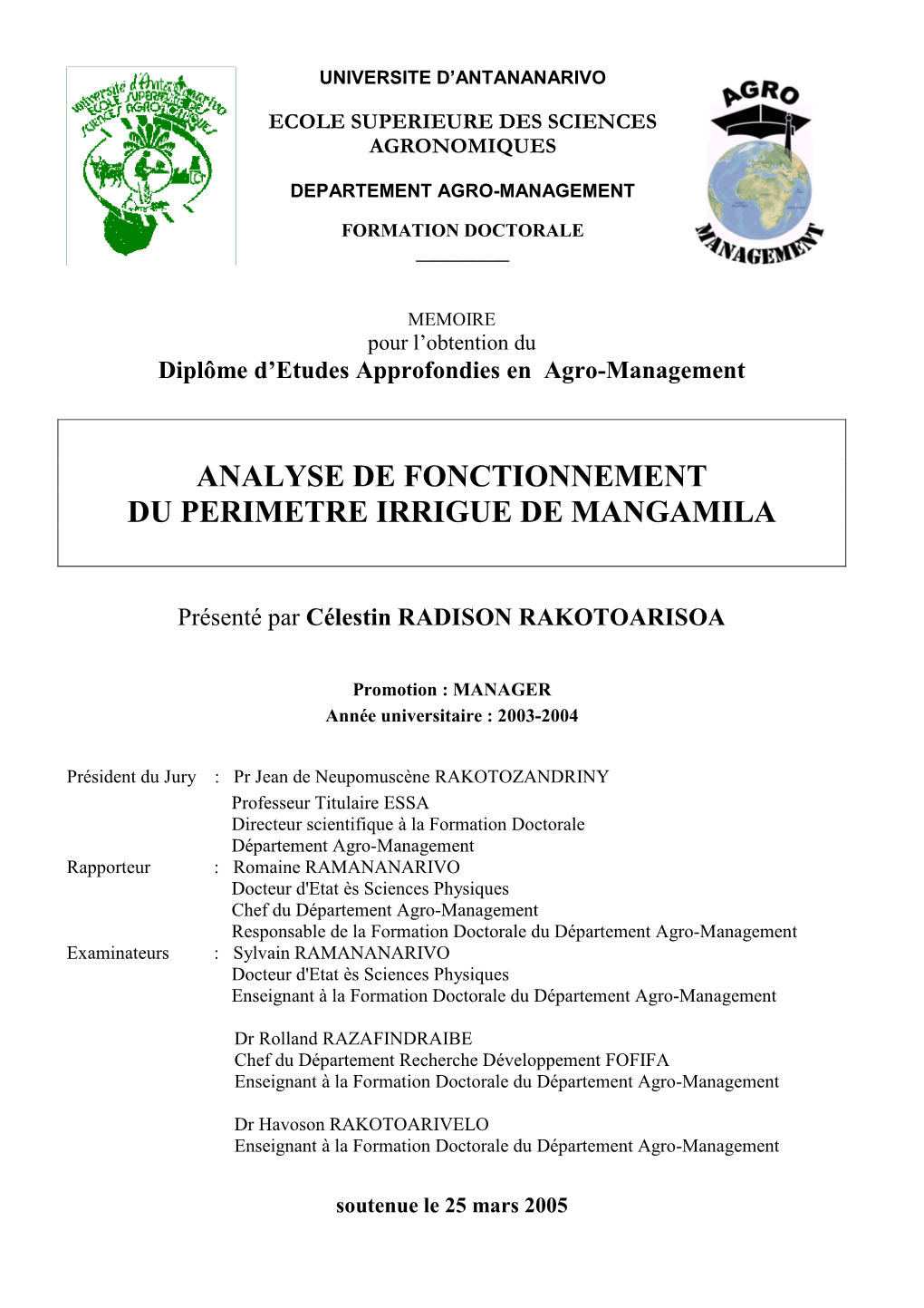 Analyse De Fonctionnement Du Perimetre Irrigue De Mangamila