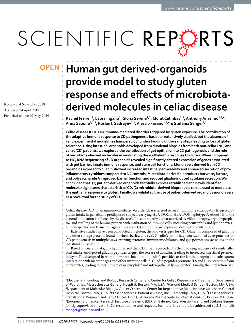 Human Gut Derived-Organoids Provide Model to Study Gluten Response and Effects of Microbiota-Derived Molecules in Celiac Disease