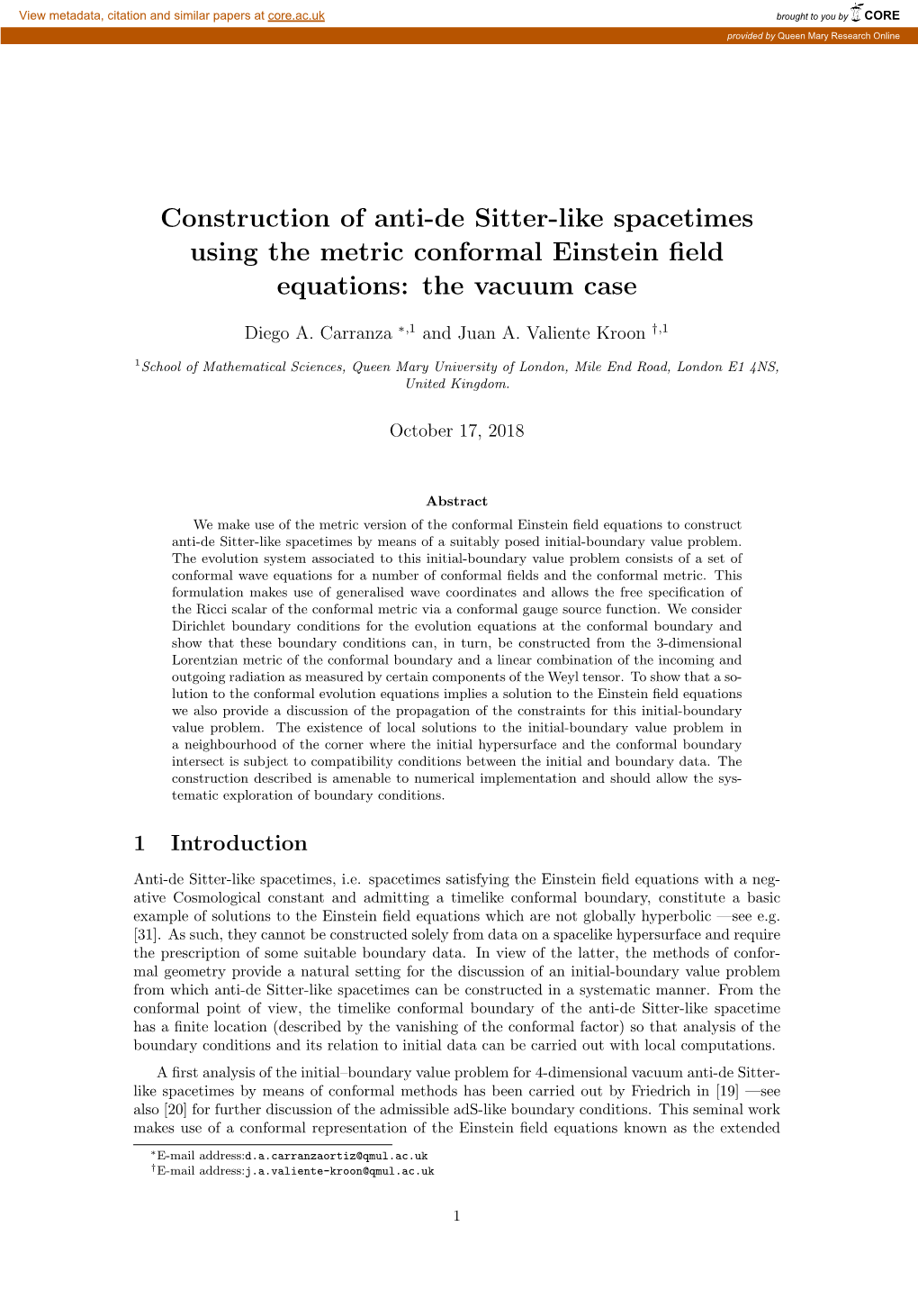 Construction of Anti-De Sitter-Like Spacetimes Using the Metric Conformal Einstein ﬁeld Equations: the Vacuum Case