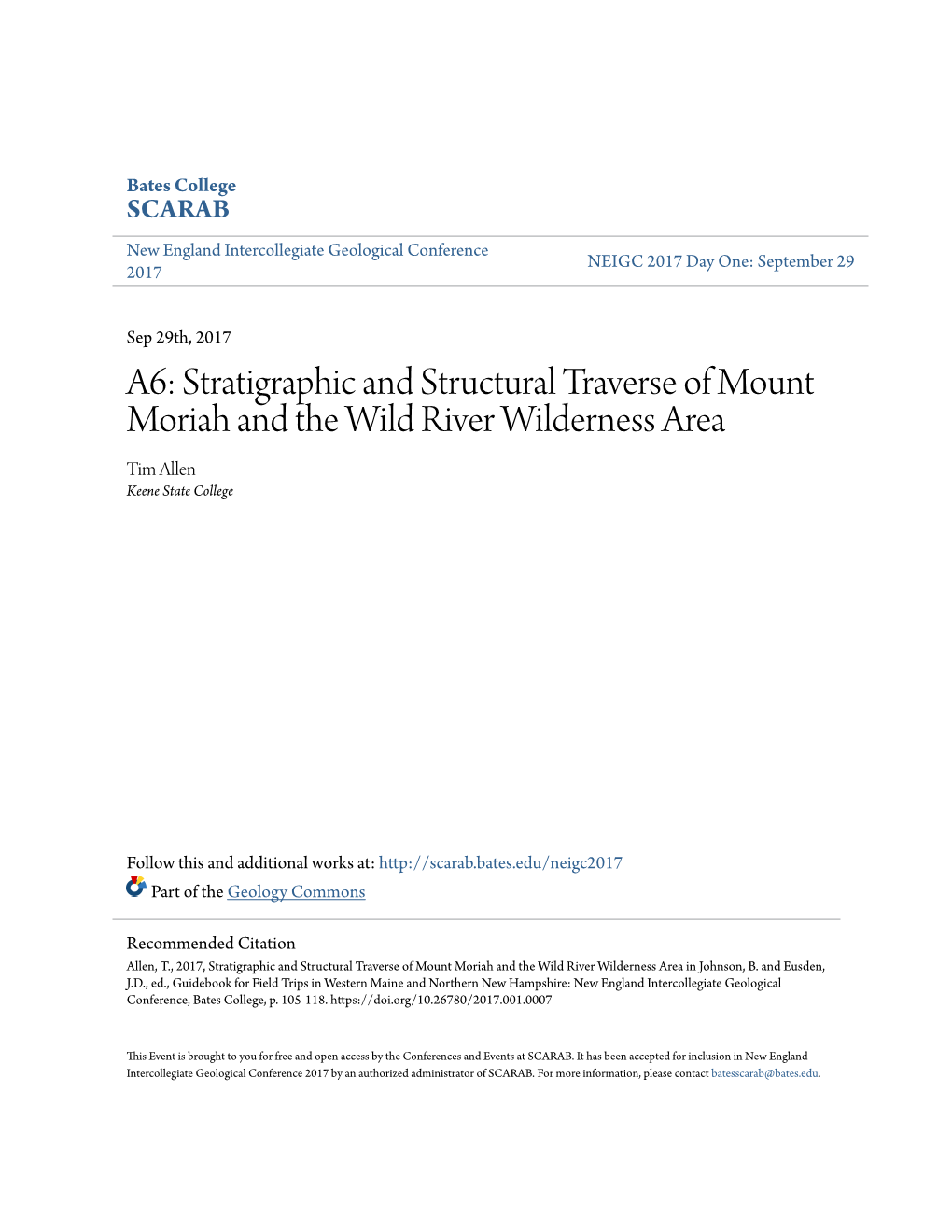 Stratigraphic and Structural Traverse of Mount Moriah and the Wild River Wilderness Area Tim Allen Keene State College