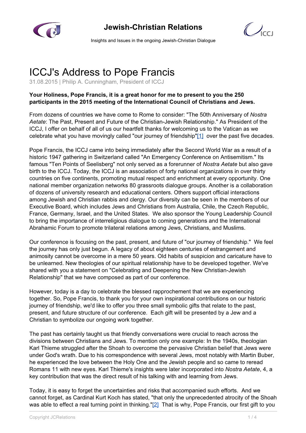 ICCJ's Address to Pope Francis 31.08.2015 | Philip A