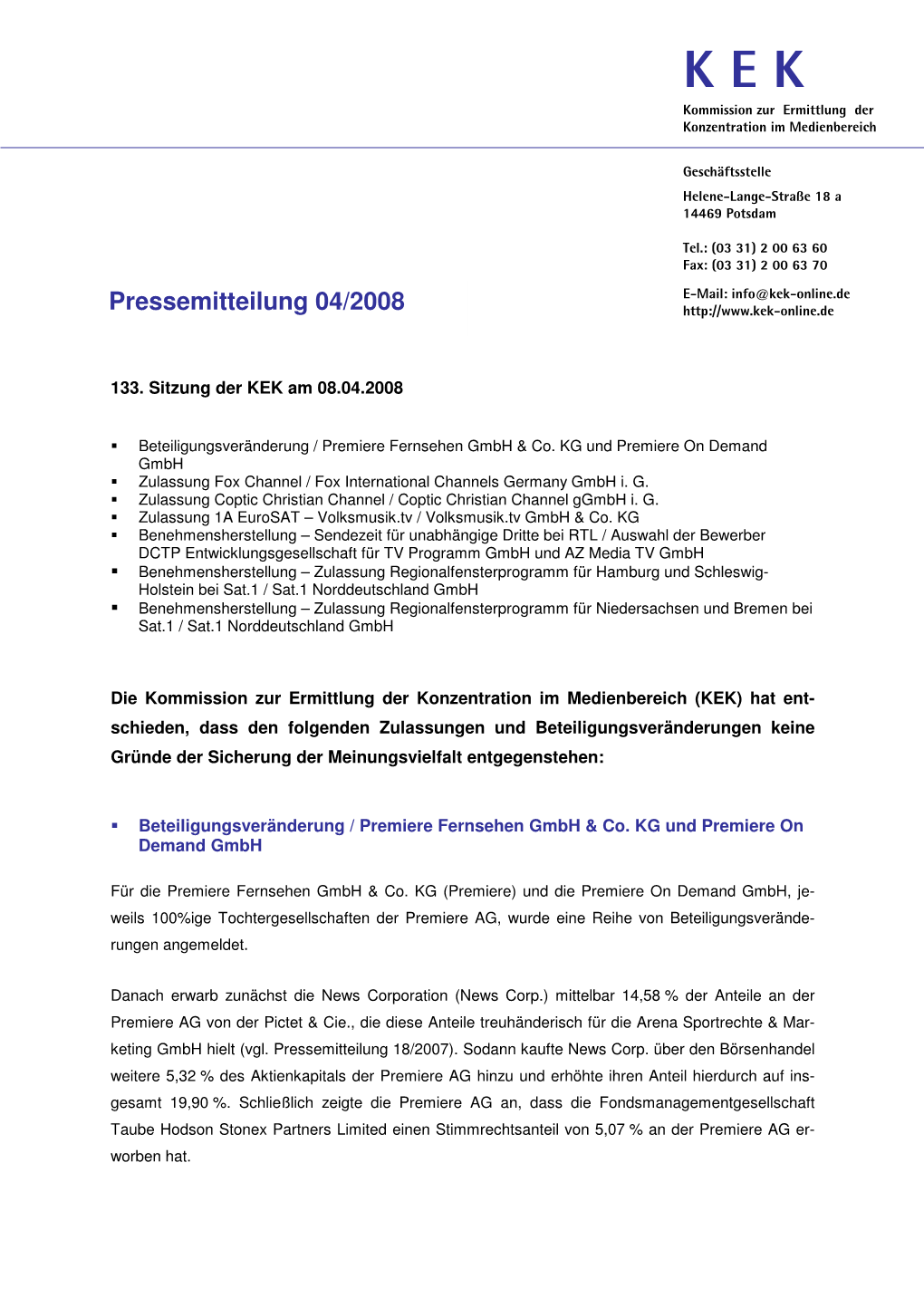 Pressemitteilung 04/2008