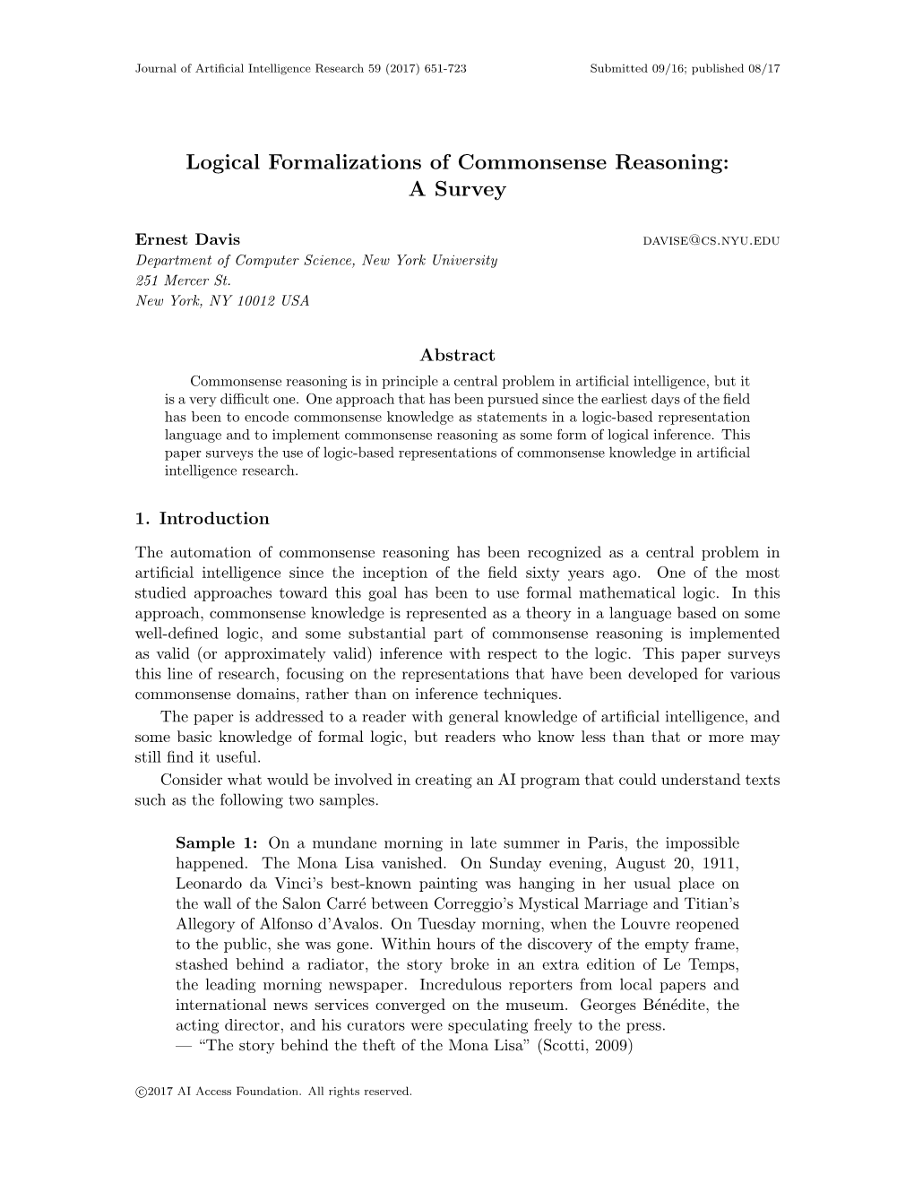 Logical Formalizations of Commonsense Reasoning: a Survey
