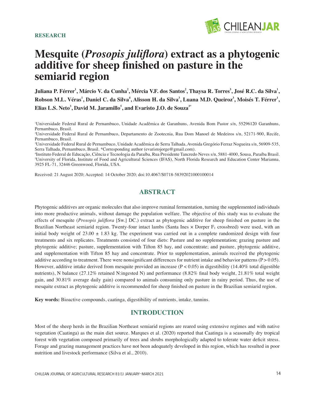 Mesquite (Prosopis Juliflora) Extract As a Phytogenic Additive for Sheep Finished on Pasture in the Semiarid Region Juliana P