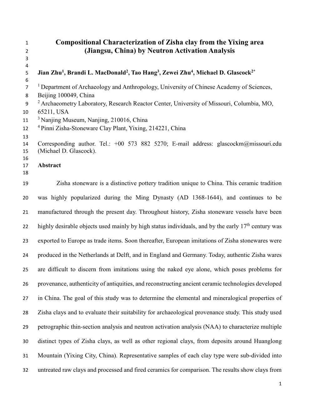 Compositional Characterization of Zisha Clay from the Yixing Area 2 (Jiangsu, China) by Neutron Activation Analysis 3 4 5 Jian Zhu1, Brandi L