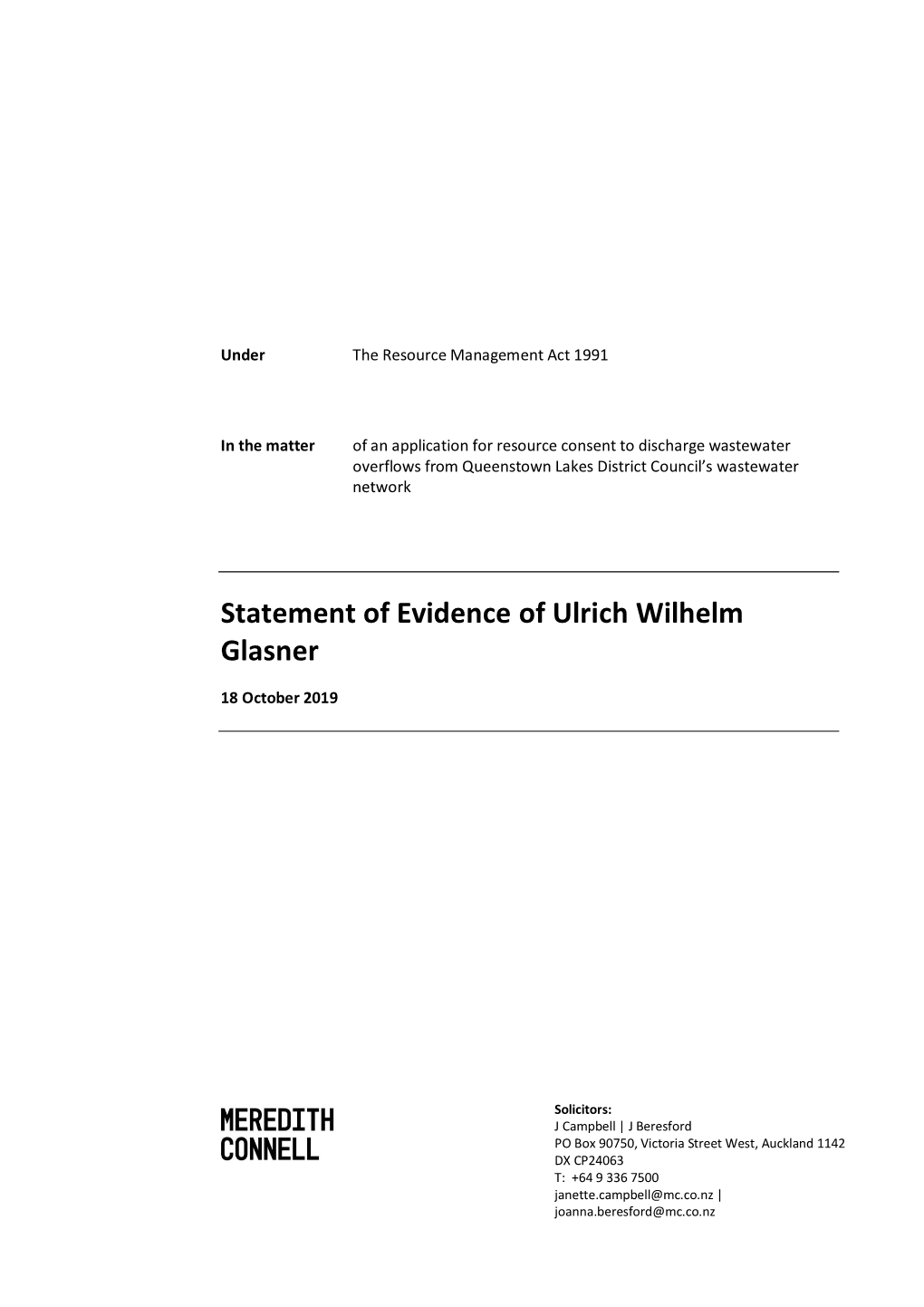 Statement of Evidence of Ulrich Wilhelm Glasner
