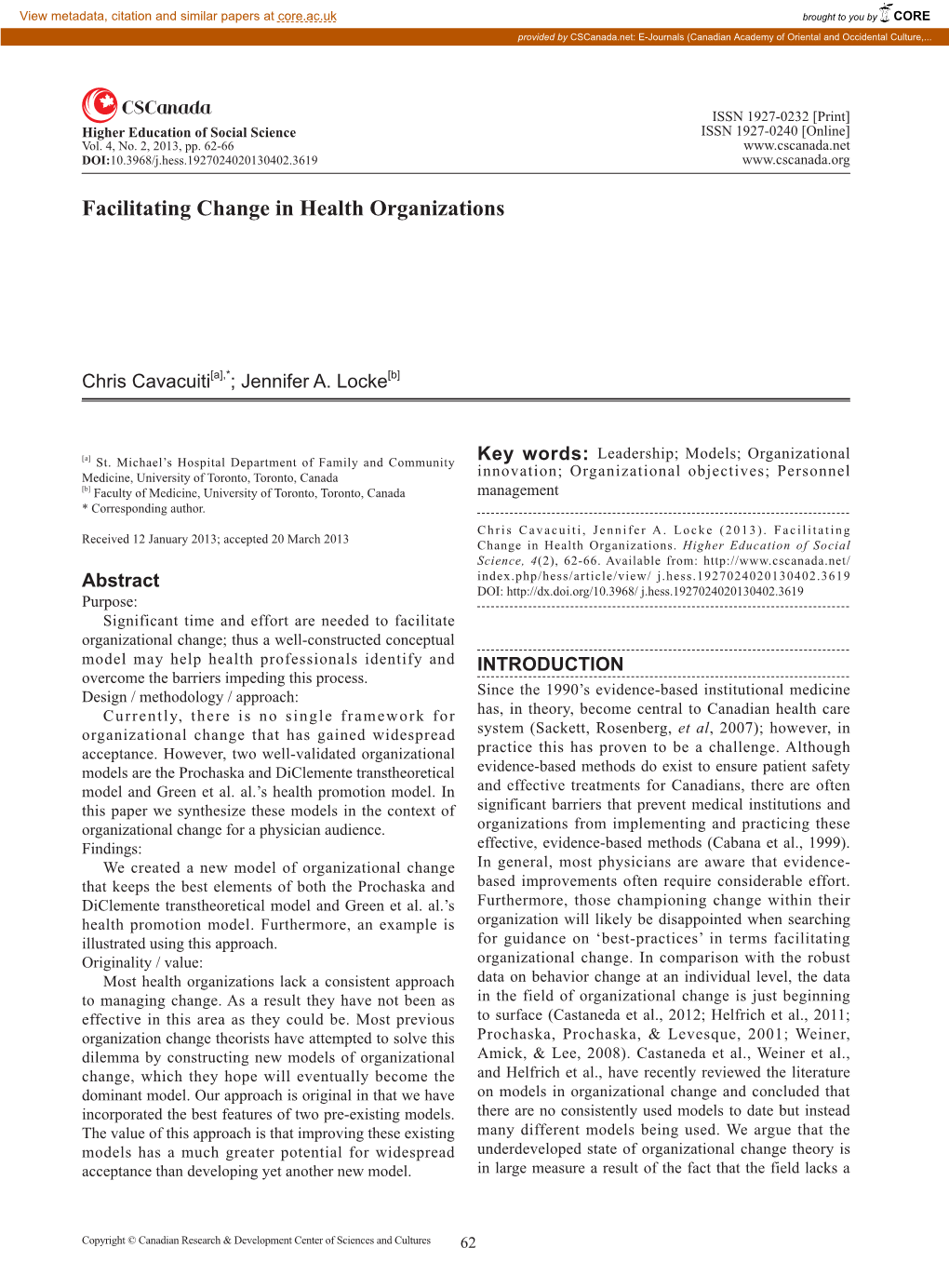 Facilitating Change in Health Organizations