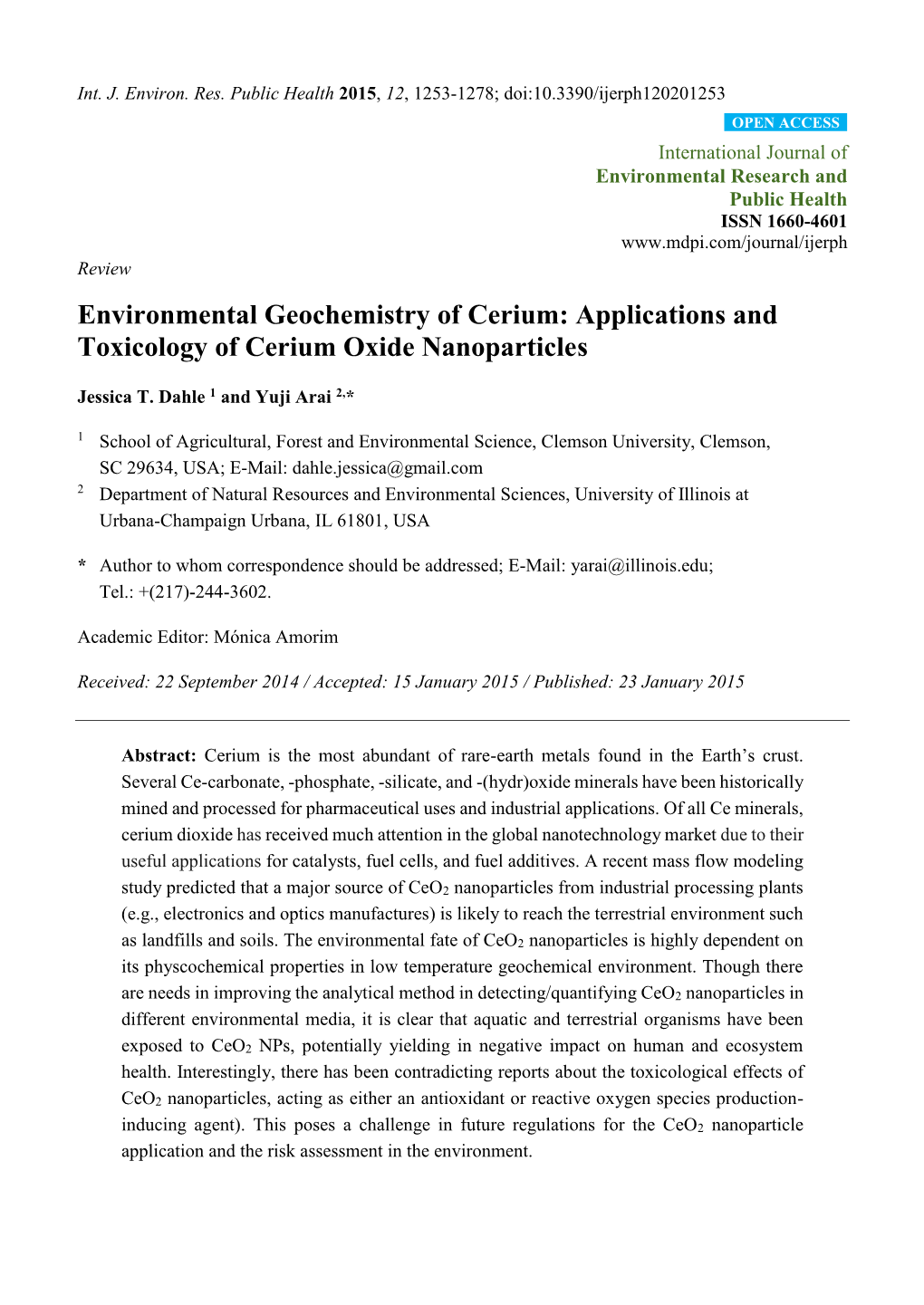 Environmental Geochemistry of Cerium: Applications and Toxicology of Cerium Oxide Nanoparticles