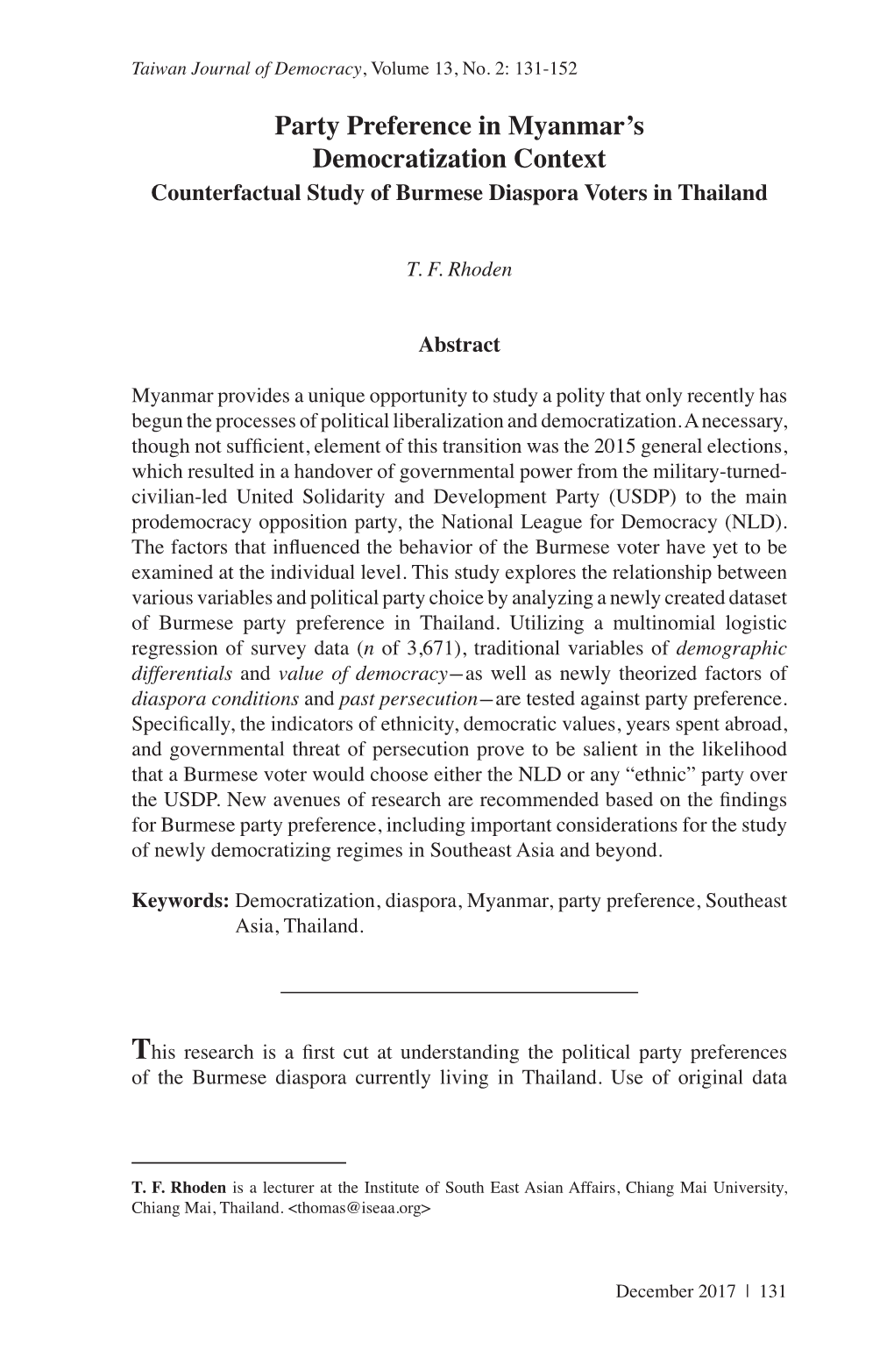 Party Preference in Myanmar's Democratization Context