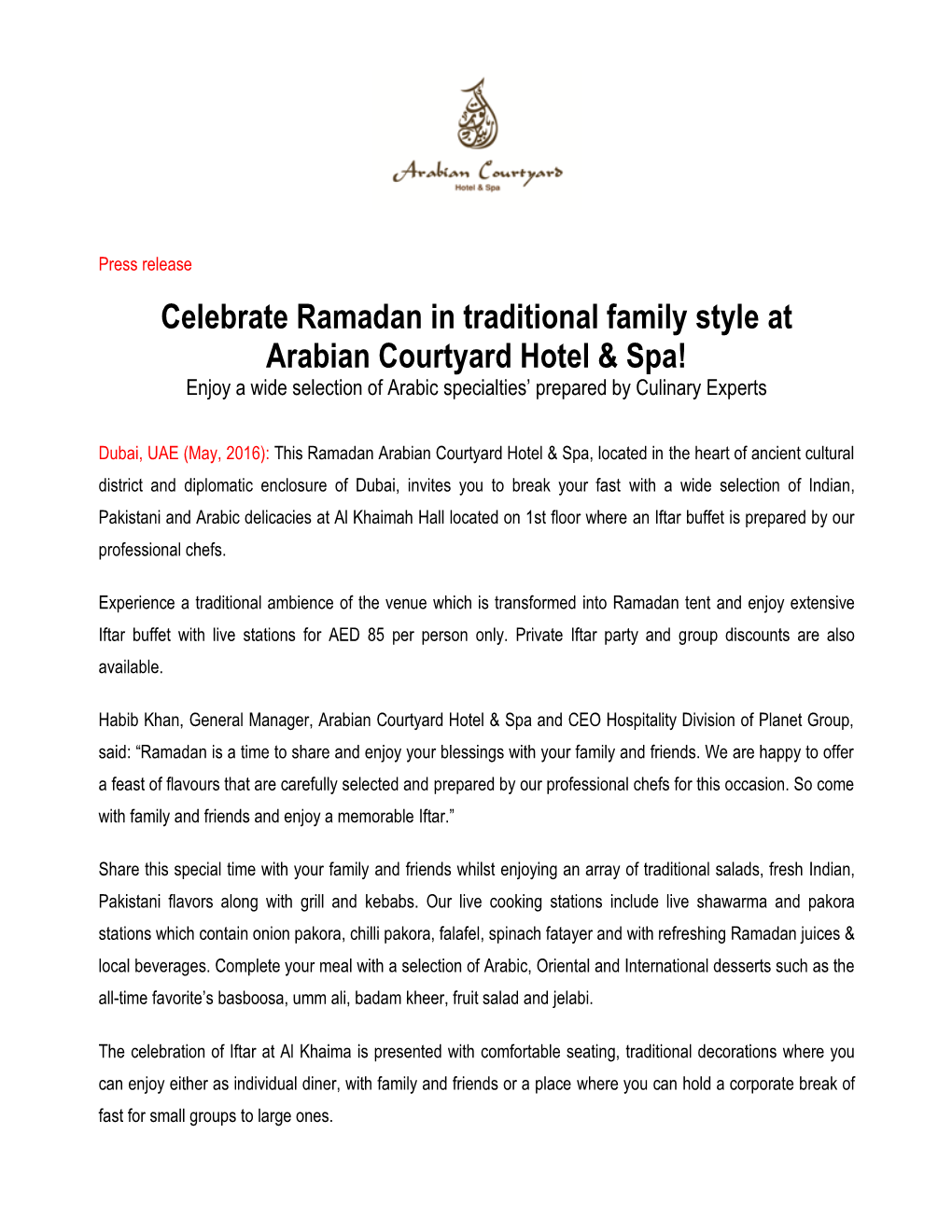 Celebrate Ramadan in Traditional Family Style at Arabian Courtyard Hotel & Spa!