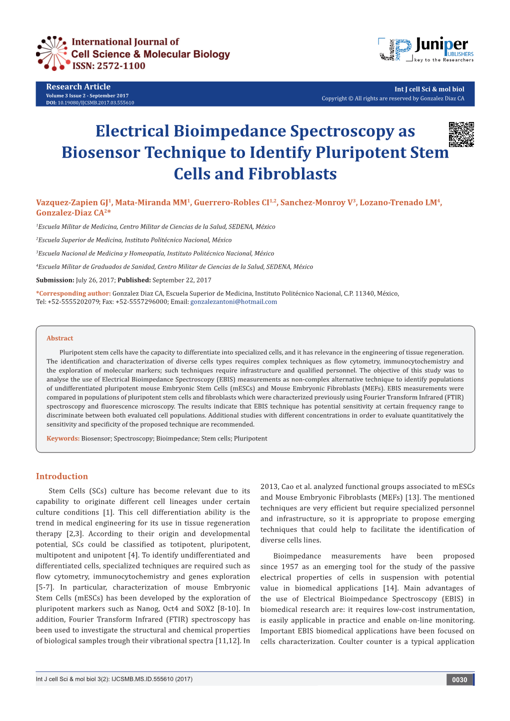 Electrical Bioimpedance Spectroscopy As Biosensor Technique to Identify Pluripotent Stem Cells and Fibroblasts