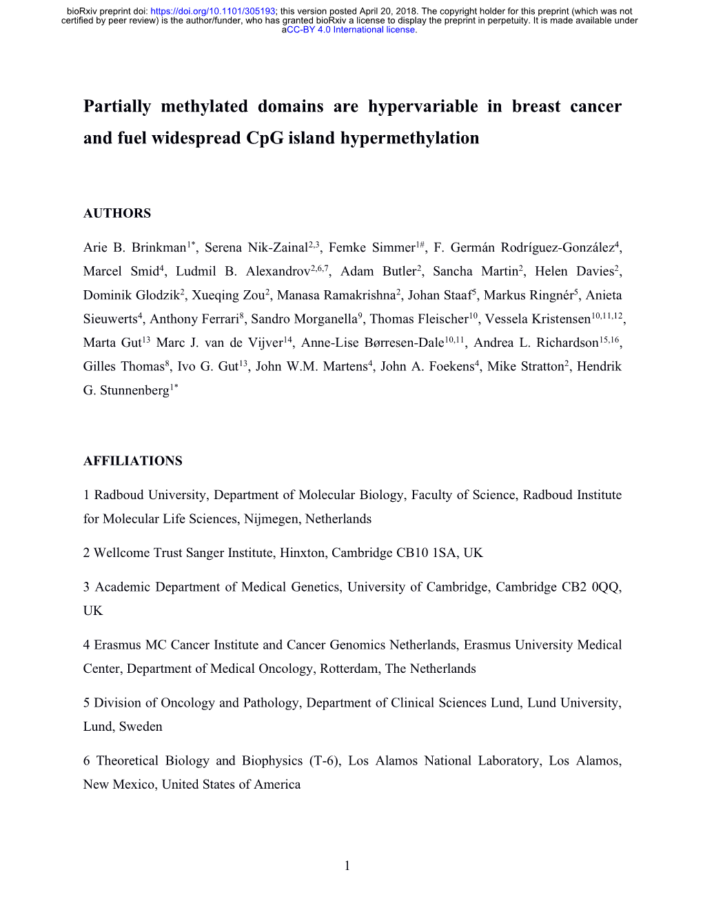 Partially Methylated Domains Are Hypervariable in Breast Cancer and Fuel Widespread Cpg Island Hypermethylation