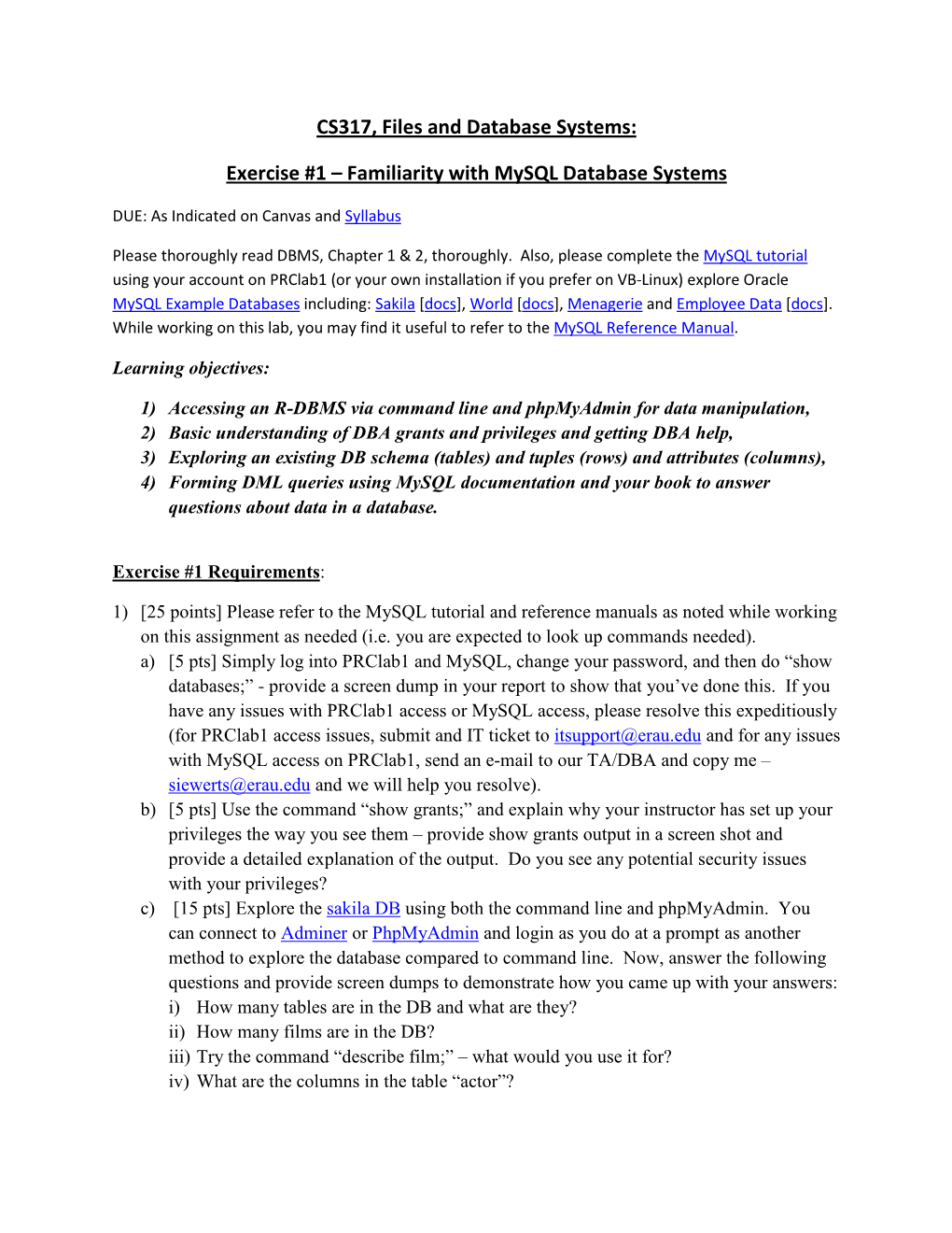 Exercise #1 – Familiarity with Mysql Database Systems