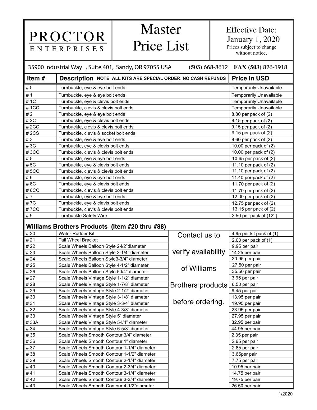 Master Price List