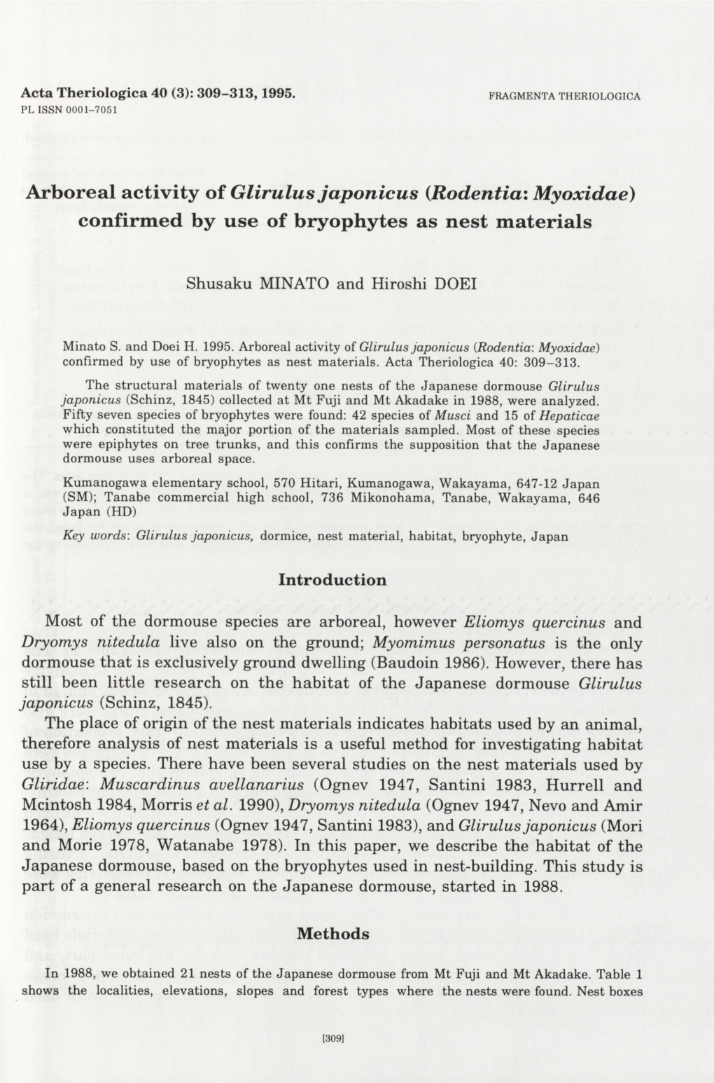 Arboreal Activity of Glirulus Japonicus (Rodentia: Myoxidae) Confirmed by Use of Bryophytes As Nest Materials