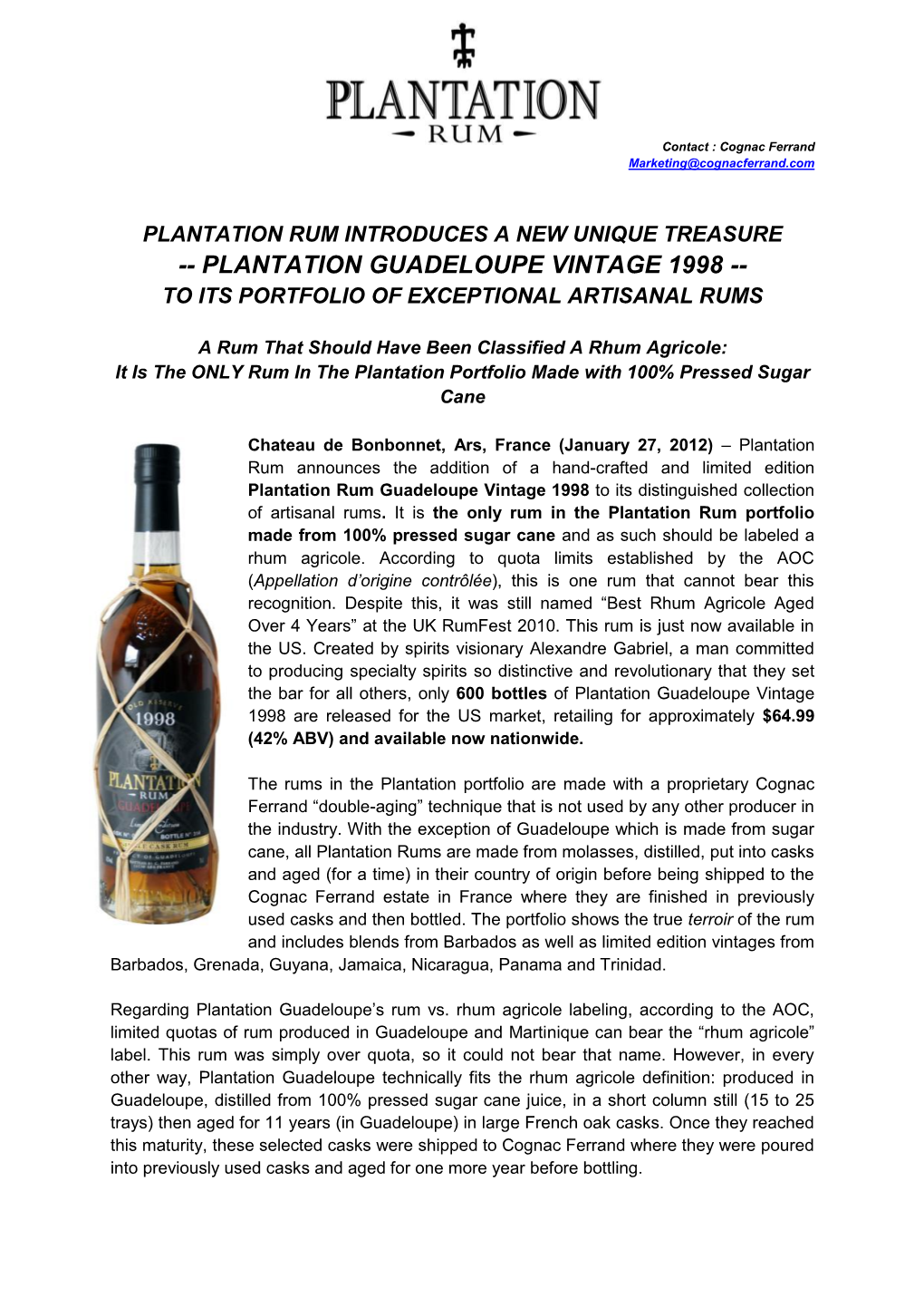 Plantation Guadeloupe Vintage 1998 -- to Its Portfolio of Exceptional Artisanal Rums