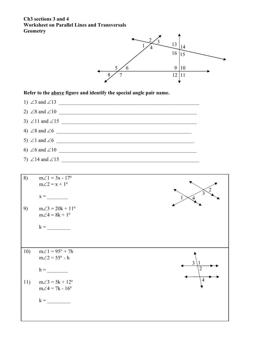 Worksheet on Parallel Lines and Transversals