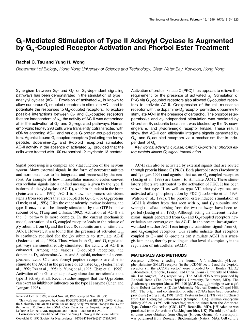 Gi-Mediated Stimulation of Type II Adenylyl Cyclase Is Augmented by G,-Coupled Receptor Activation and Phorbol Ester Treatment