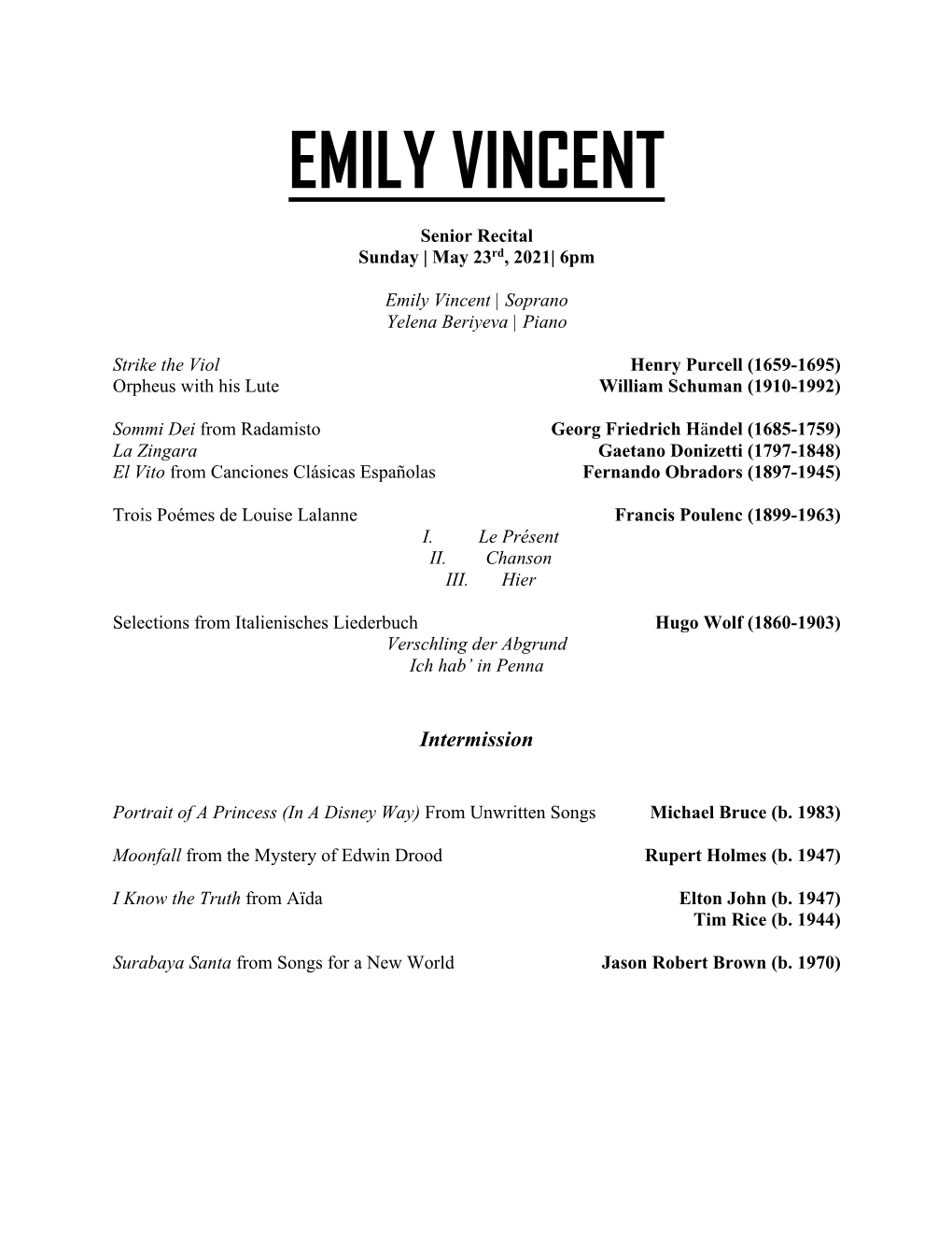 Emily Vincent Senior Recital Program