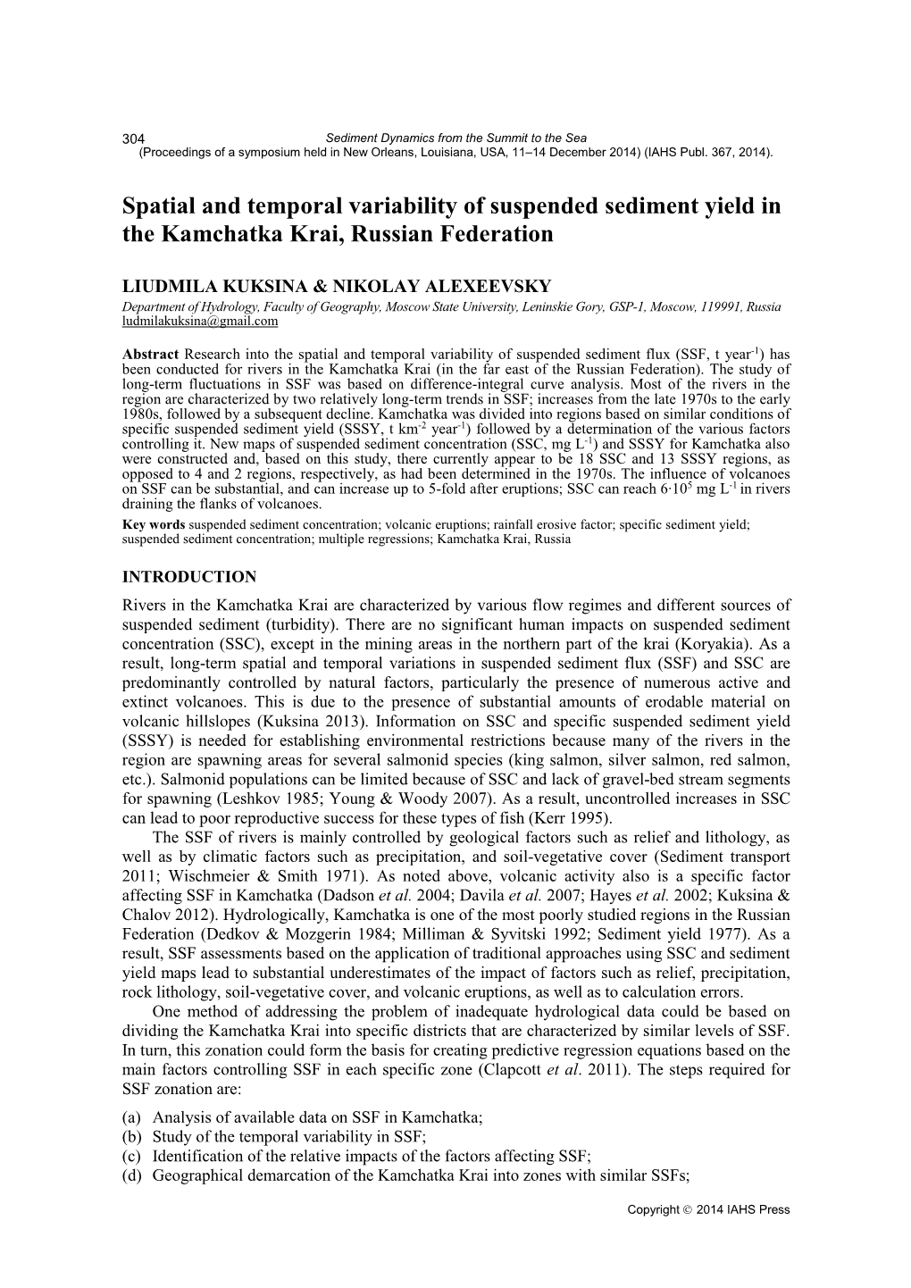 Spatial and Temporal Variability of Suspended Sediment Yield in the Kamchatka Krai, Russian Federation