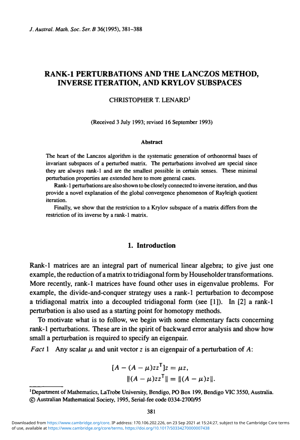 Rank-1 Perturbations and the Lanczos Method, Inverse Iteration, and Krylov Subspaces
