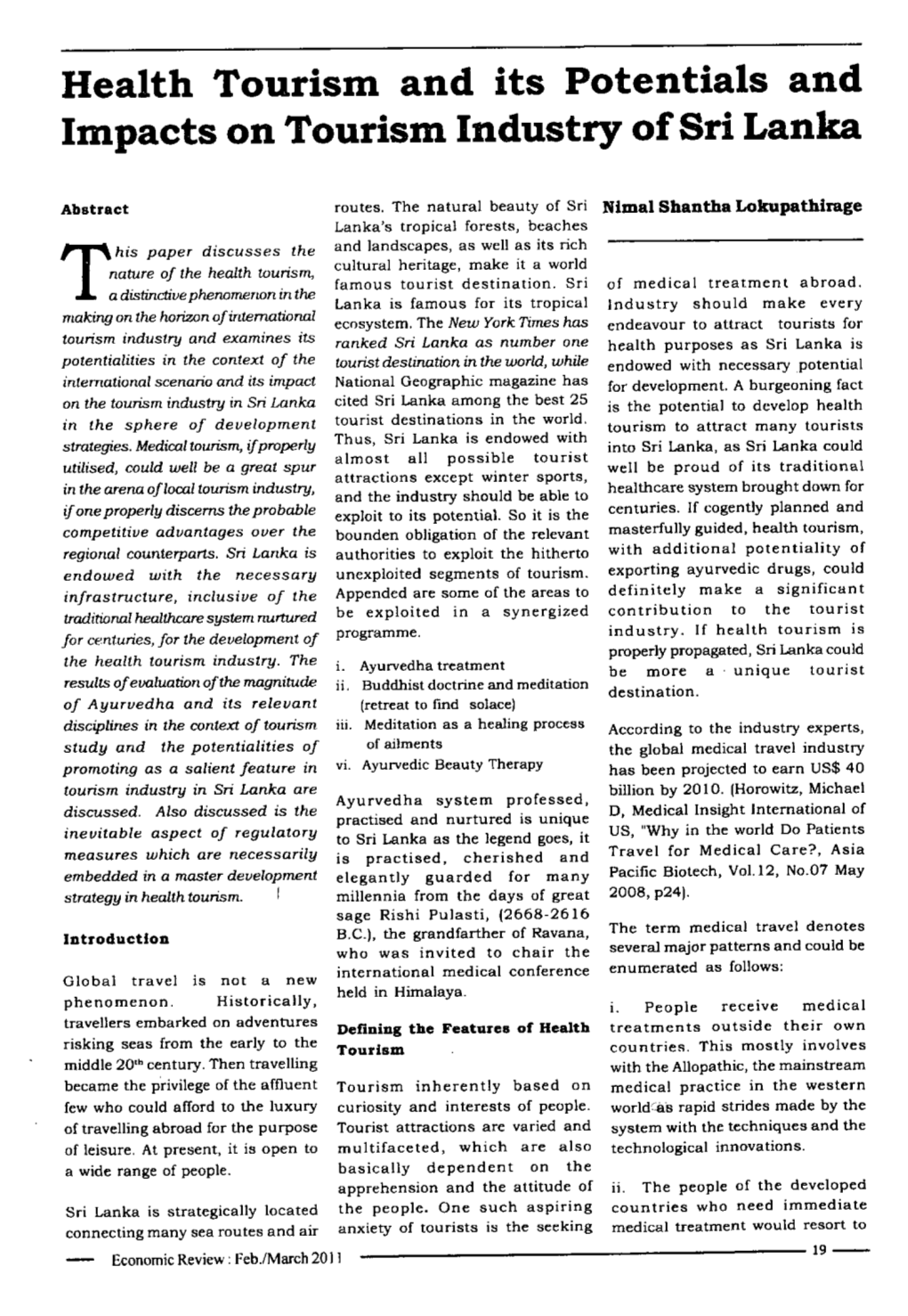 Health Tourism and Its Potentials and Impacts on Tourism Industry of Sri Lanka