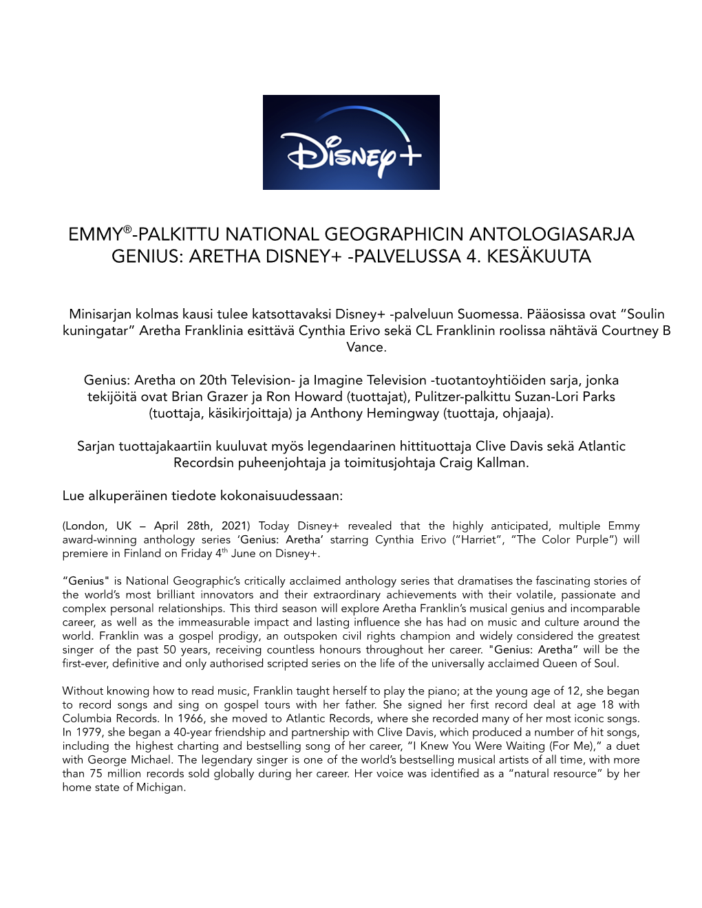 Palkittu National Geographicin Antologiasarja Genius: Aretha Disney+ -Palvelussa 4