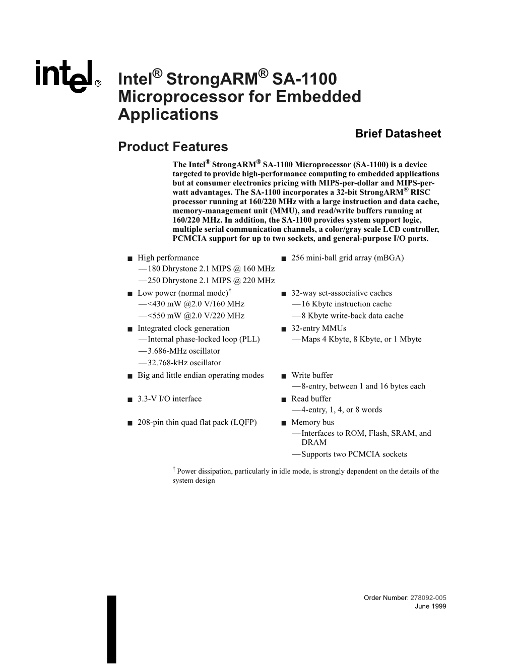 Intel Strongarm SA-1100 Microprocessor for Embedded