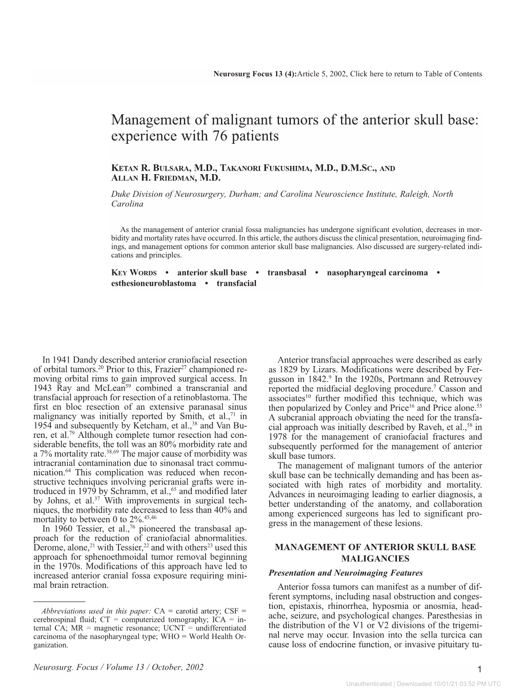 Management of Malignant Tumors of the Anterior Skull Base: Experience with 76 Patients