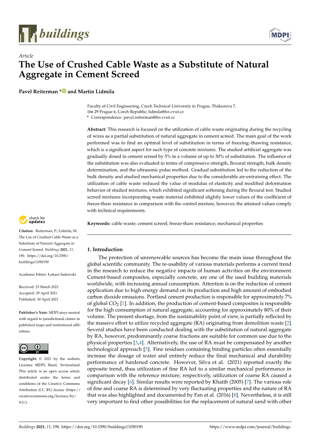 The Use of Crushed Cable Waste As a Substitute of Natural Aggregate in Cement Screed