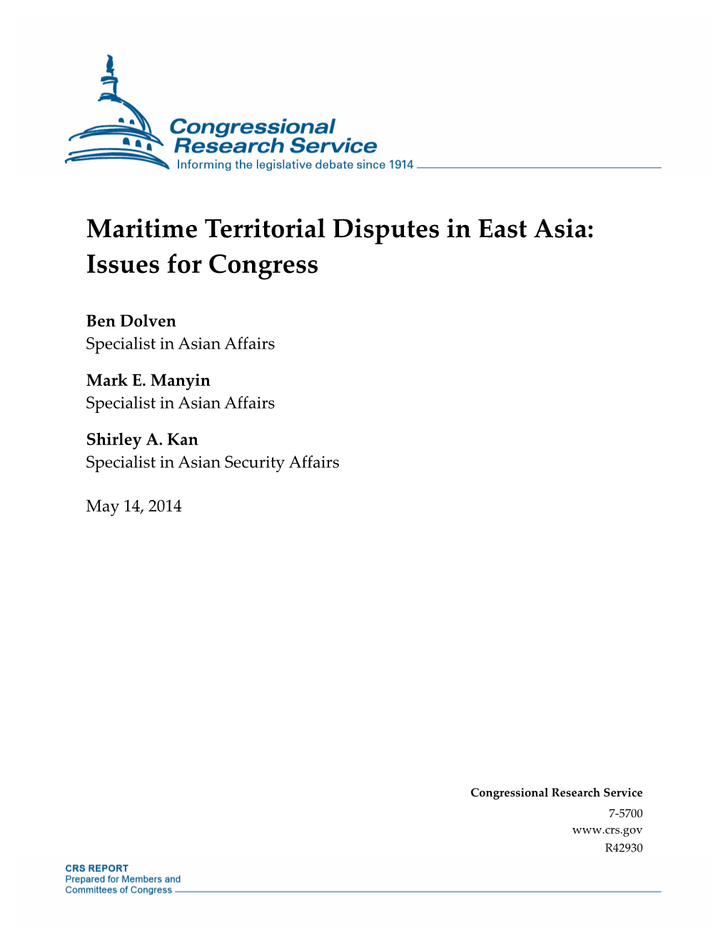 Maritime Territorial Disputes in East Asia: Issues for Congress