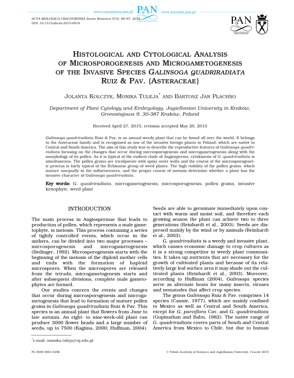 Histological and Cytological Analysis of Microsporogenesis and Microgametogenesis of the Invasive Species Galinsoga Quadriradiata Ruiz & Pav