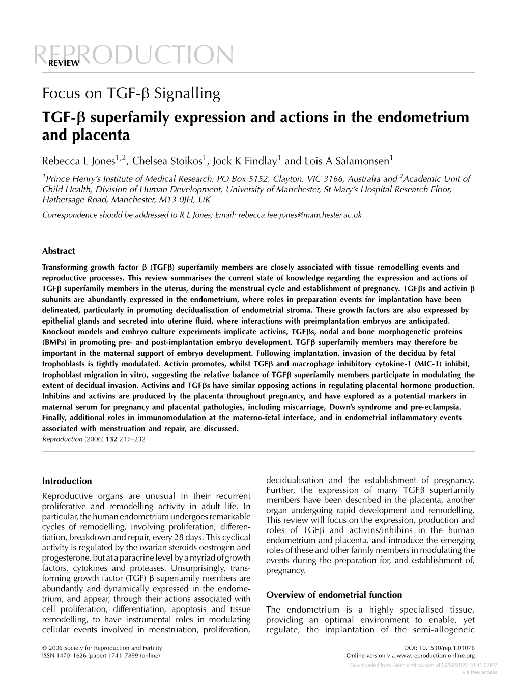Focus on TGF-B Signalling TGF-B Superfamily Expression and Actions in the Endometrium and Placenta