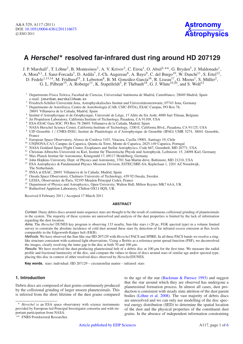 A Herschel⋆ Resolved Far-Infrared Dust Ring Around HD 207129