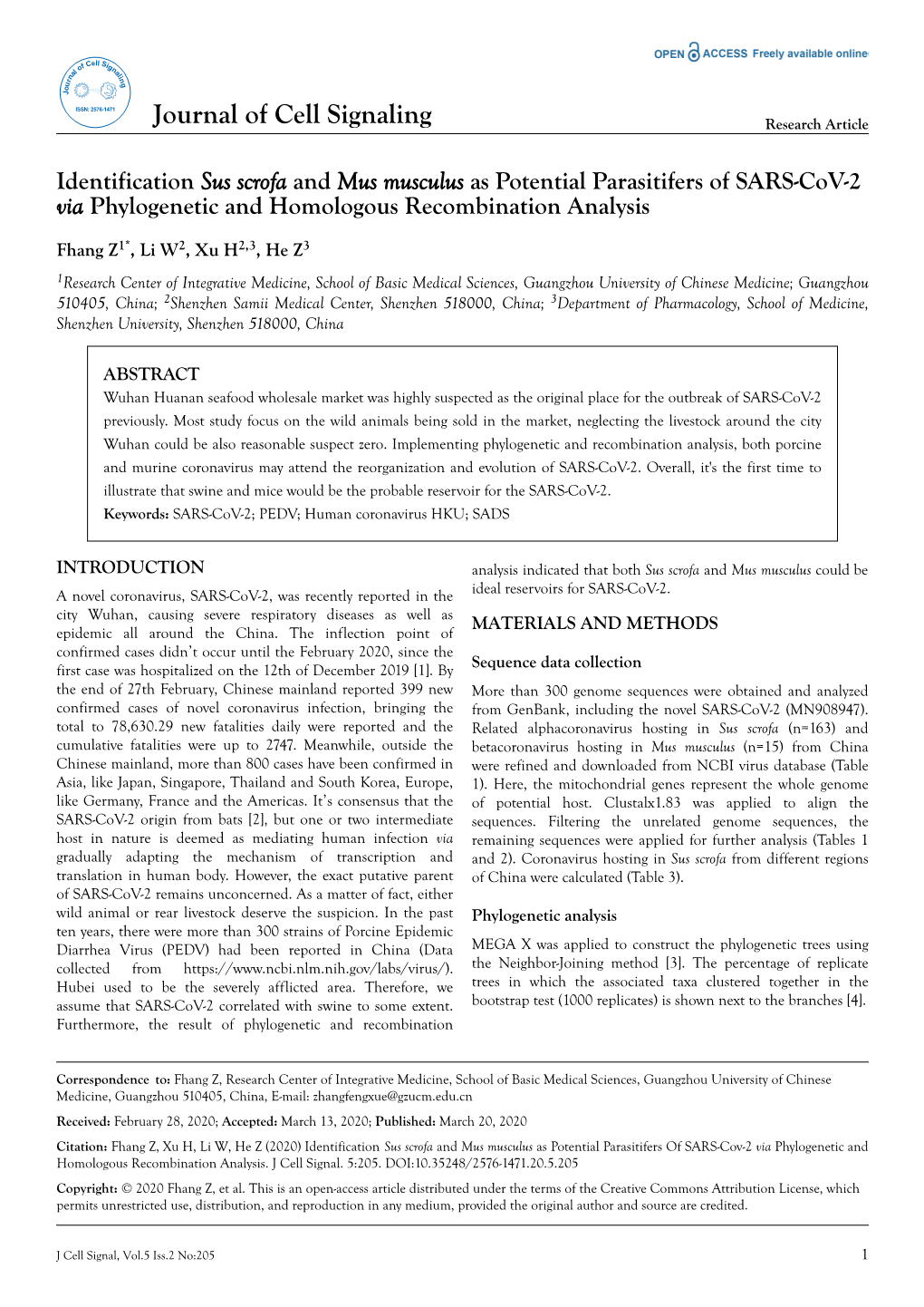 Identification Sus Scrofa and Mus Musculus As Potential Parasitifers of SARS-Cov-2 Via Phylogenetic and Homologous Recombination Analysis