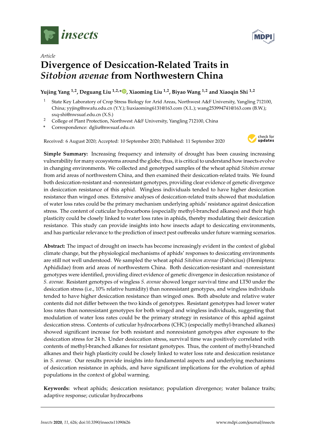 Divergence of Desiccation-Related Traits in Sitobion Avenae from Northwestern China