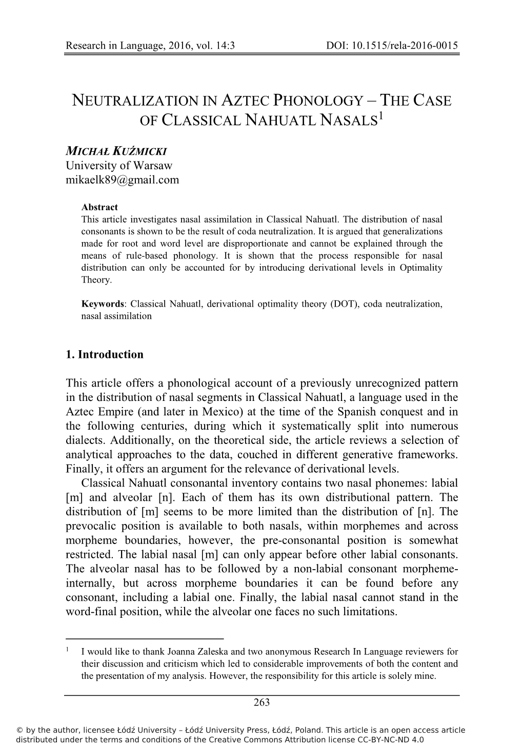 Neutralization in Aztec Phonology – the Case of Classical Nahuatl Nasals1