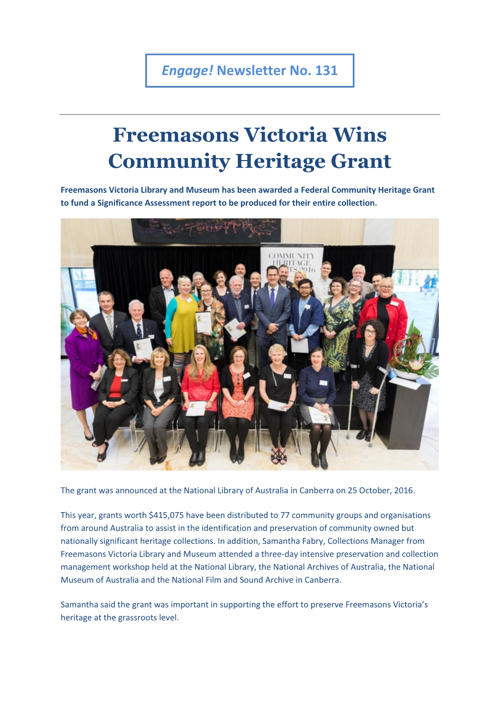 Freemasons Victoria Wins Community Heritage Grant