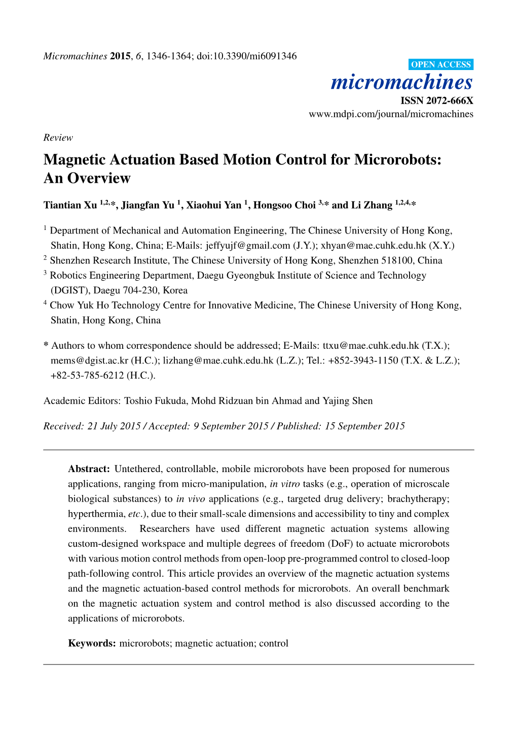 Magnetic Actuation Based Motion Control for Microrobots: an Overview