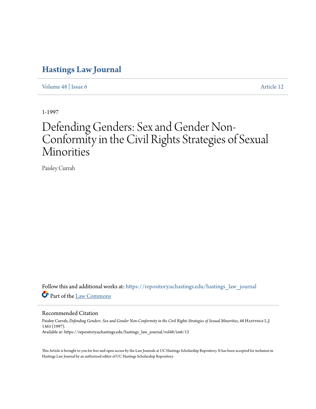 Sex and Gender Non-Conformity in the Civil Rights Strategies of Sexual Minorities, 48 Hastings L.J