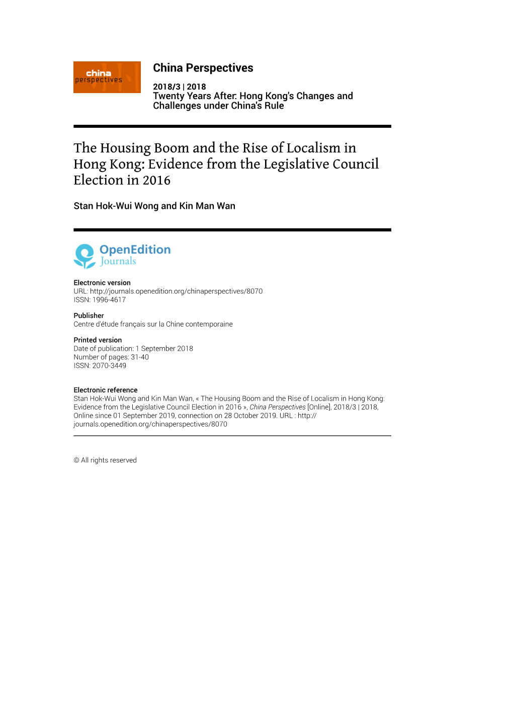 The Housing Boom and the Rise of Localism in Hong Kong: Evidence from the Legislative Council Election in 2016