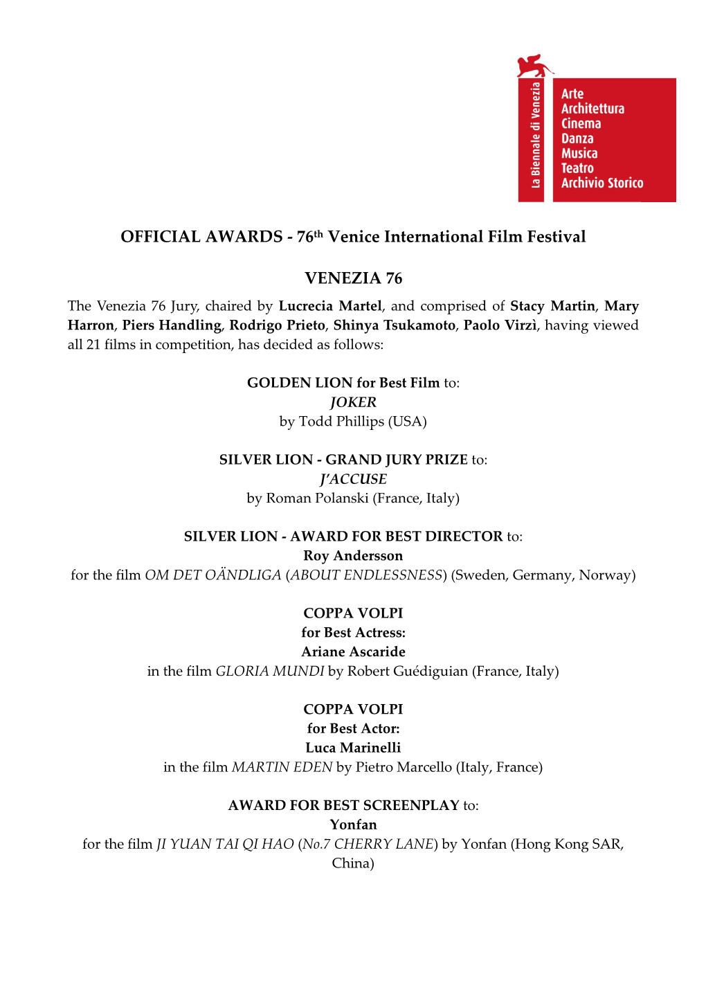 OFFICIAL AWARDS - 76Th Venice International Film Festival