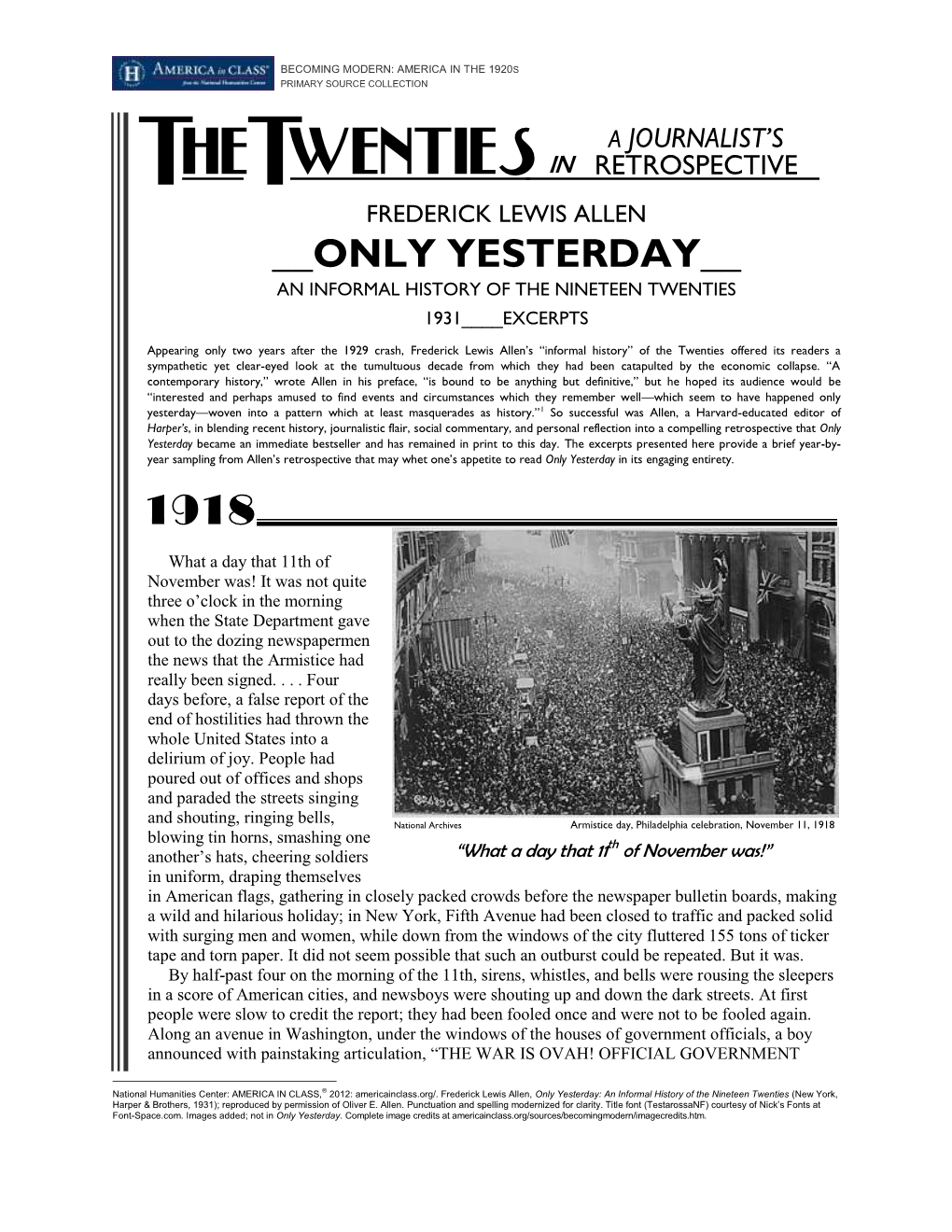 Frederick Lewis Allen, Only Yesterday: an Informal History of the Nineteen Twenties (New York, Harper & Brothers, 1931); Reproduced by Permission of Oliver E