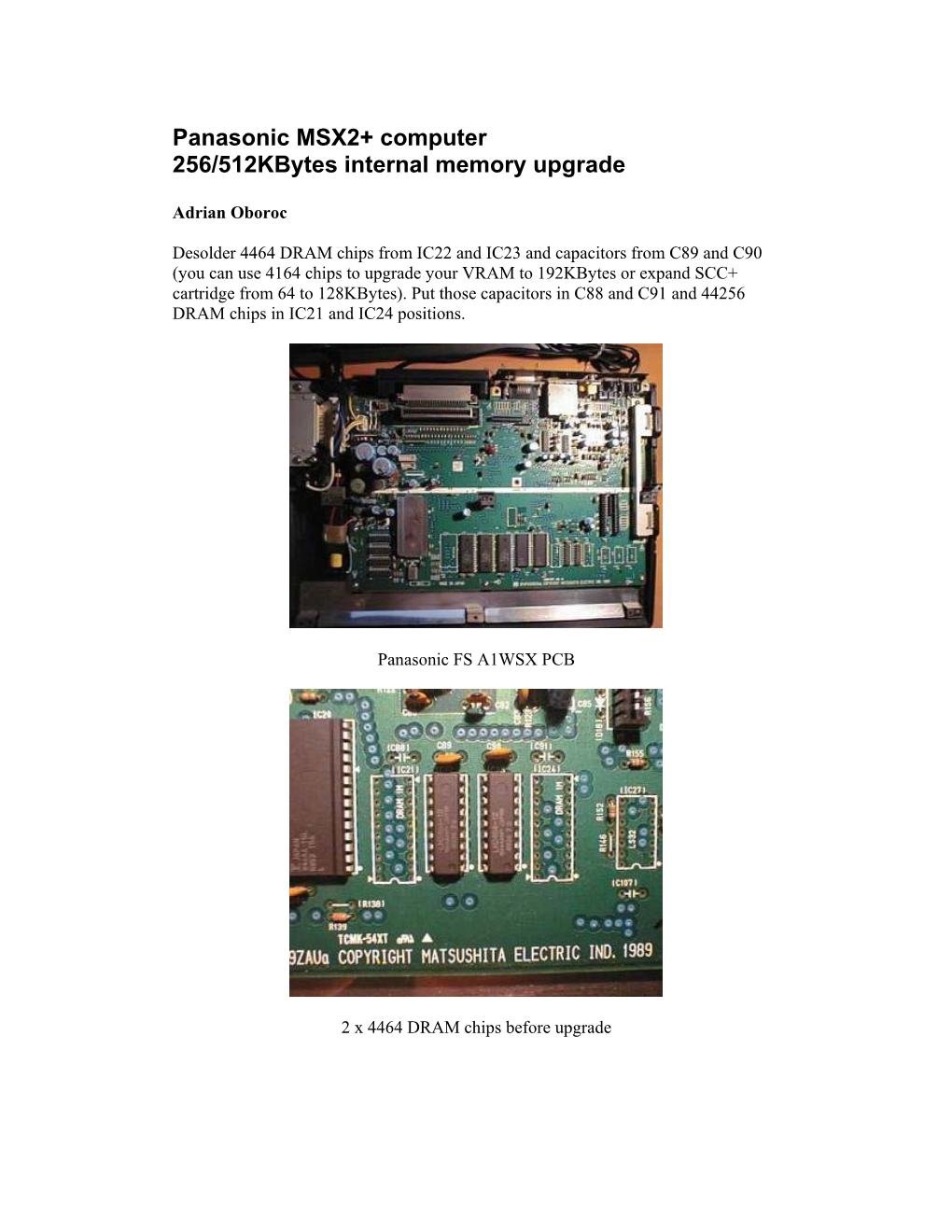 Panasonic MSX2+ Computer 256/512Kbytes Internal Memory Upgrade