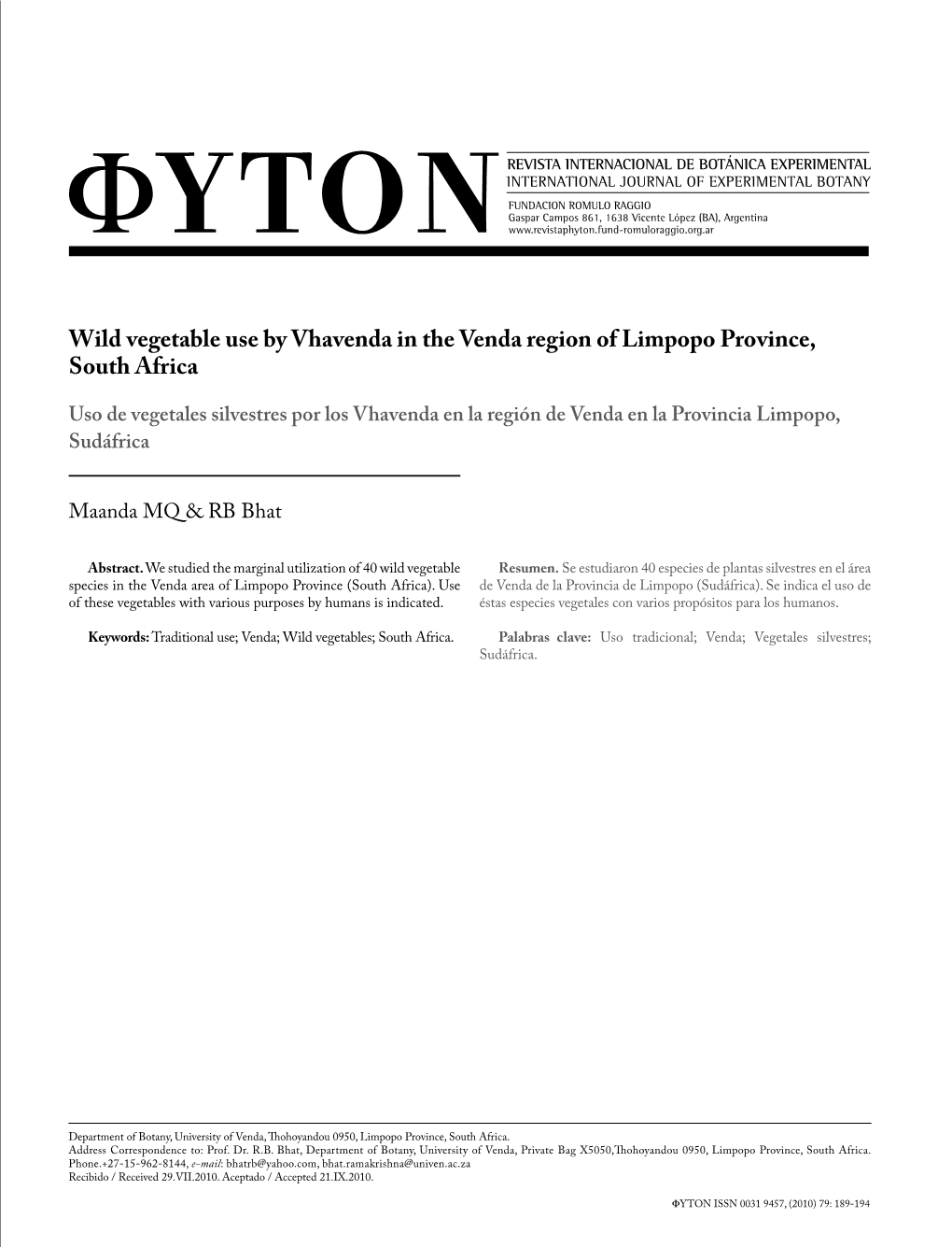 Wild Vegetable Use by Vhavenda in the Venda Region of Limpopo Province, South Africa