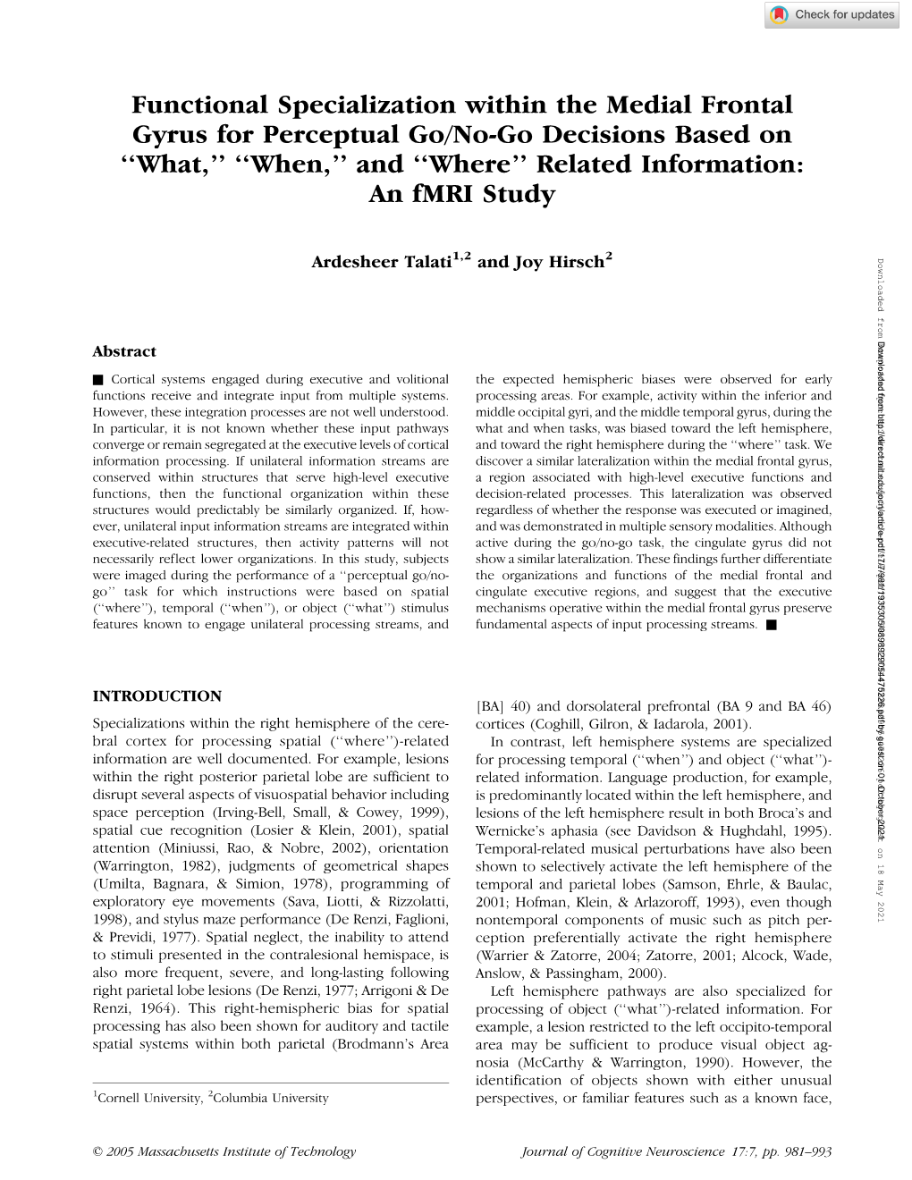 Functional Specialization Within the Medial Frontal Gyrus for Perceptual