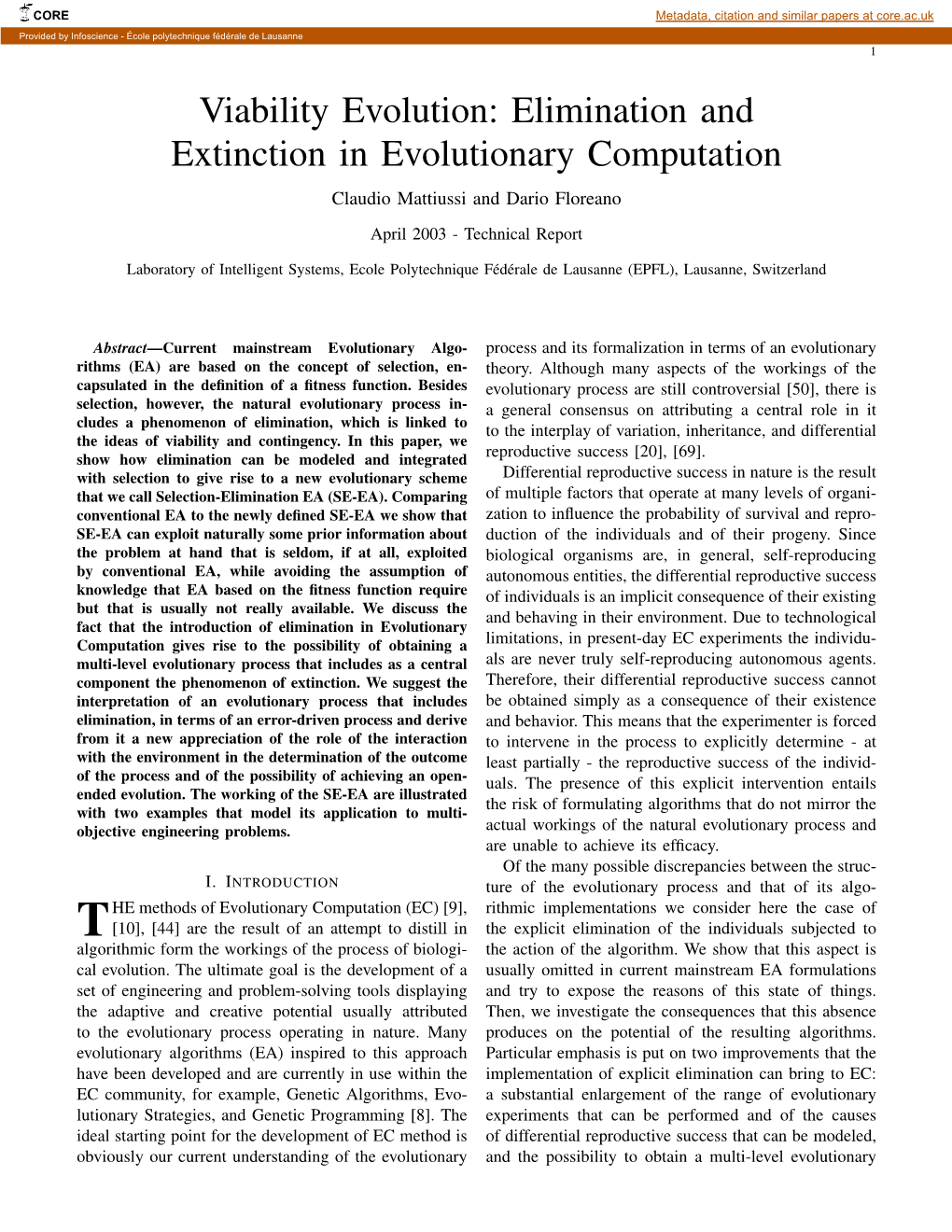 Elimination and Extinction in Evolutionary Computation Claudio Mattiussi and Dario Floreano