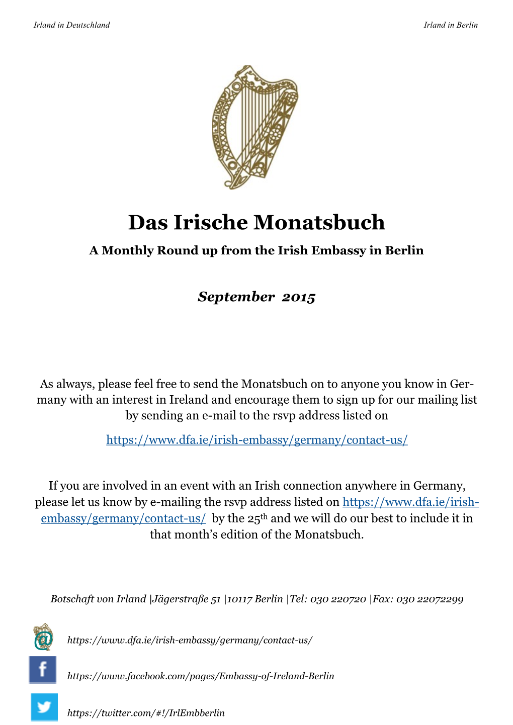 Das Irische Monatsbuch a Monthly Round up from the Irish Embassy in Berlin