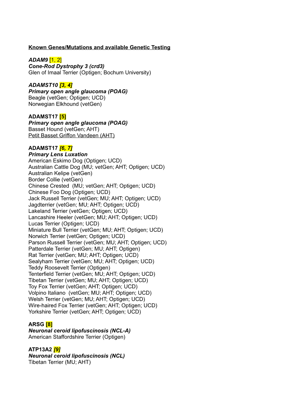 Known Genes/Mutations Mutazioni and Avaiable Genetic Testing